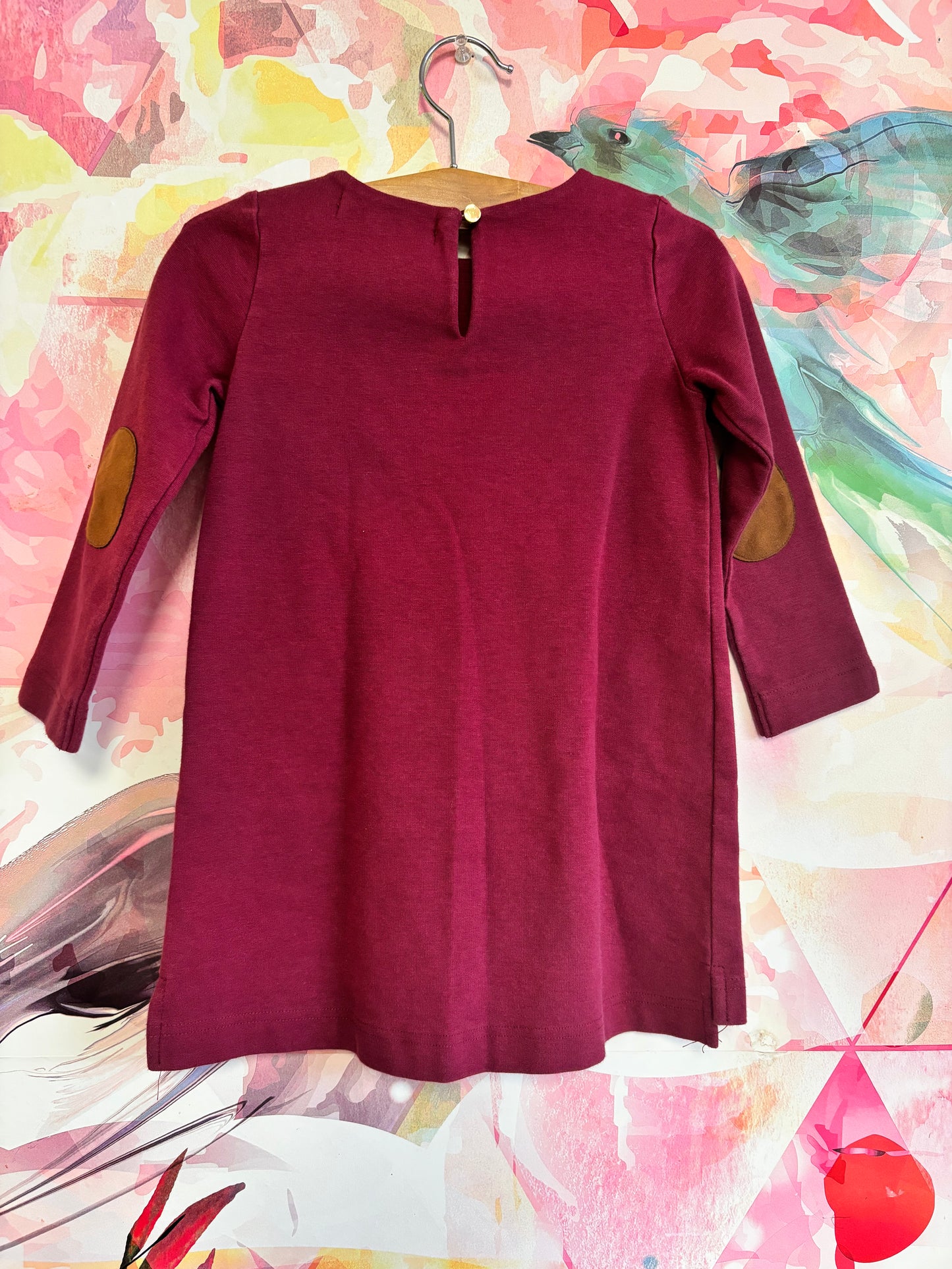 Hope & Henry burgundy dress with quilting on top, bow at neck, two front pockets and brown suede elbow pads. Size 3T