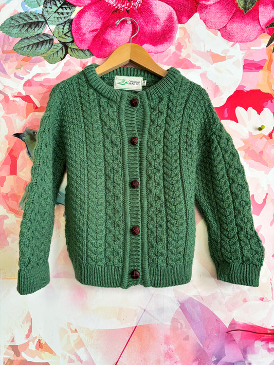 Original Aran Co. green 100% new Marino wool cardigan sweater. Size 7T.