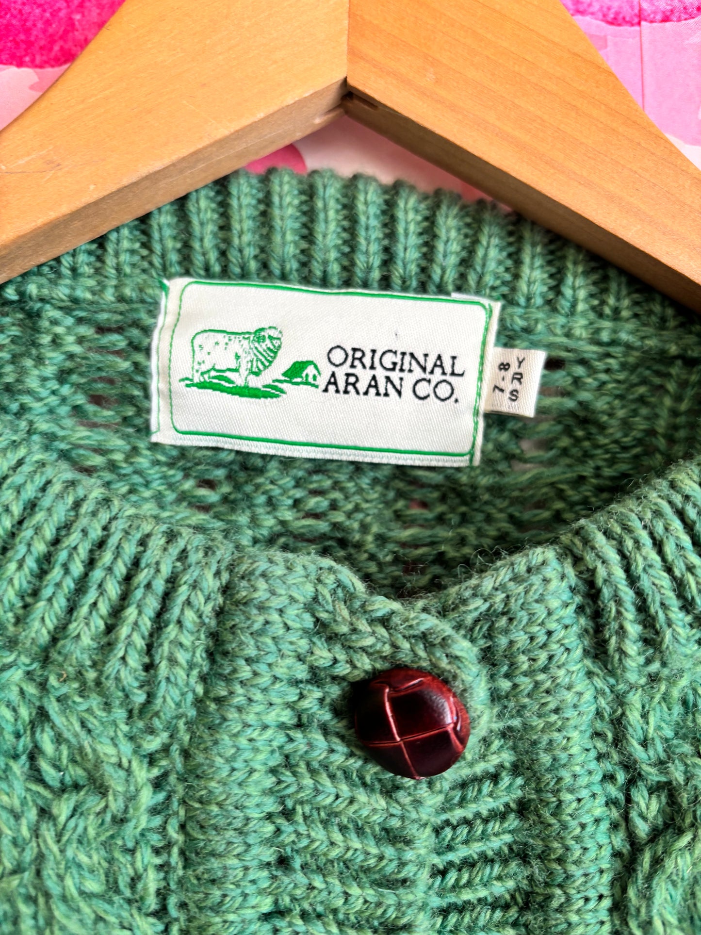 Original Aran Co. green 100% new Marino wool cardigan sweater. Size 7T / 8T