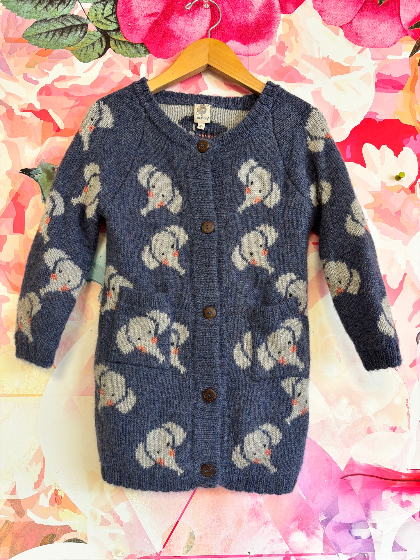 nanay blue 100% baby alpaca long cardigan sweater with elephant faces. Size 4T