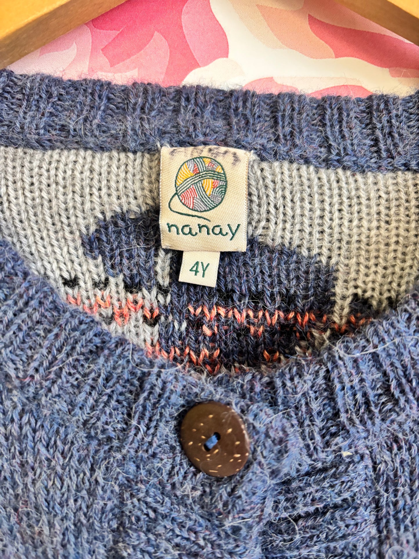 nanay blue 100% baby alpaca long cardigan sweater with elephant faces. Size 4T