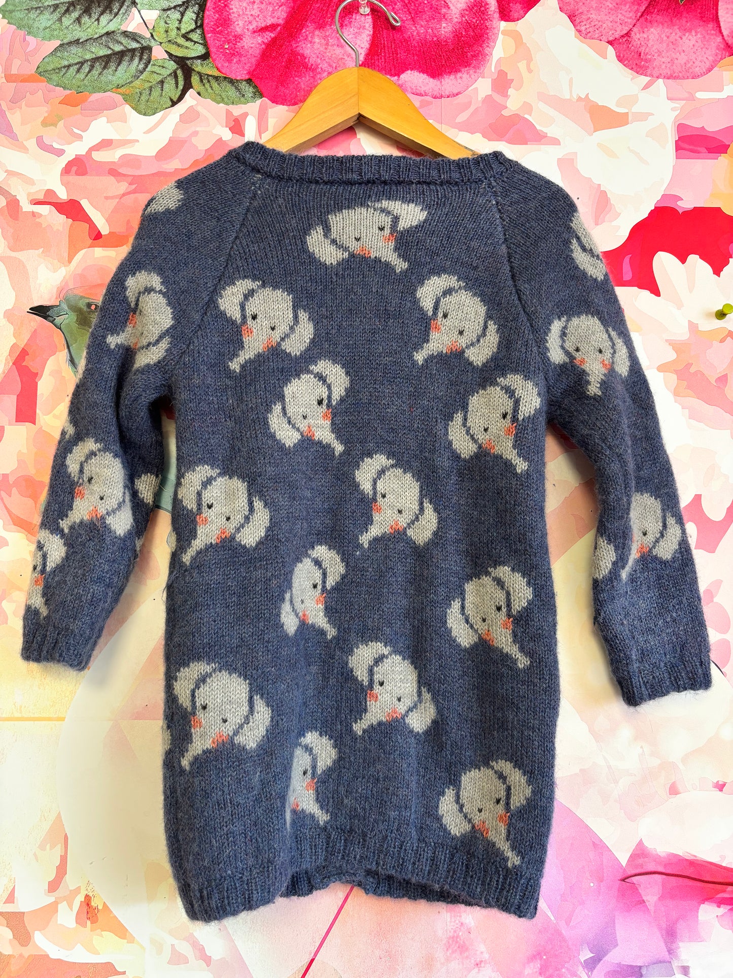 nanay blue 100% baby alpaca long cardigan sweater with elephant faces. Size 4T