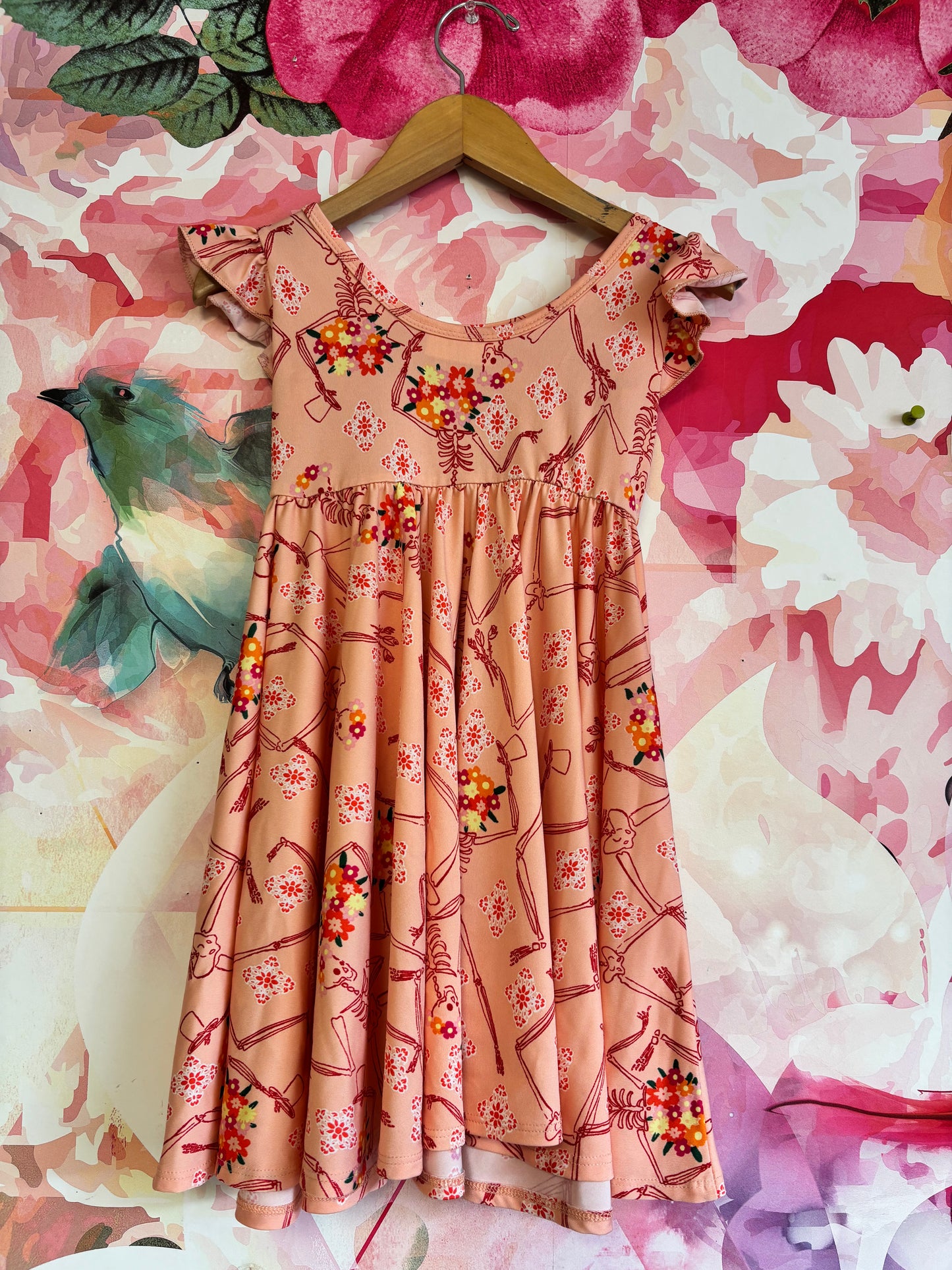 Dot Dot Smile orange flutter sleeve Halloween dress with skeletons and flowers. Size 3T / 4T