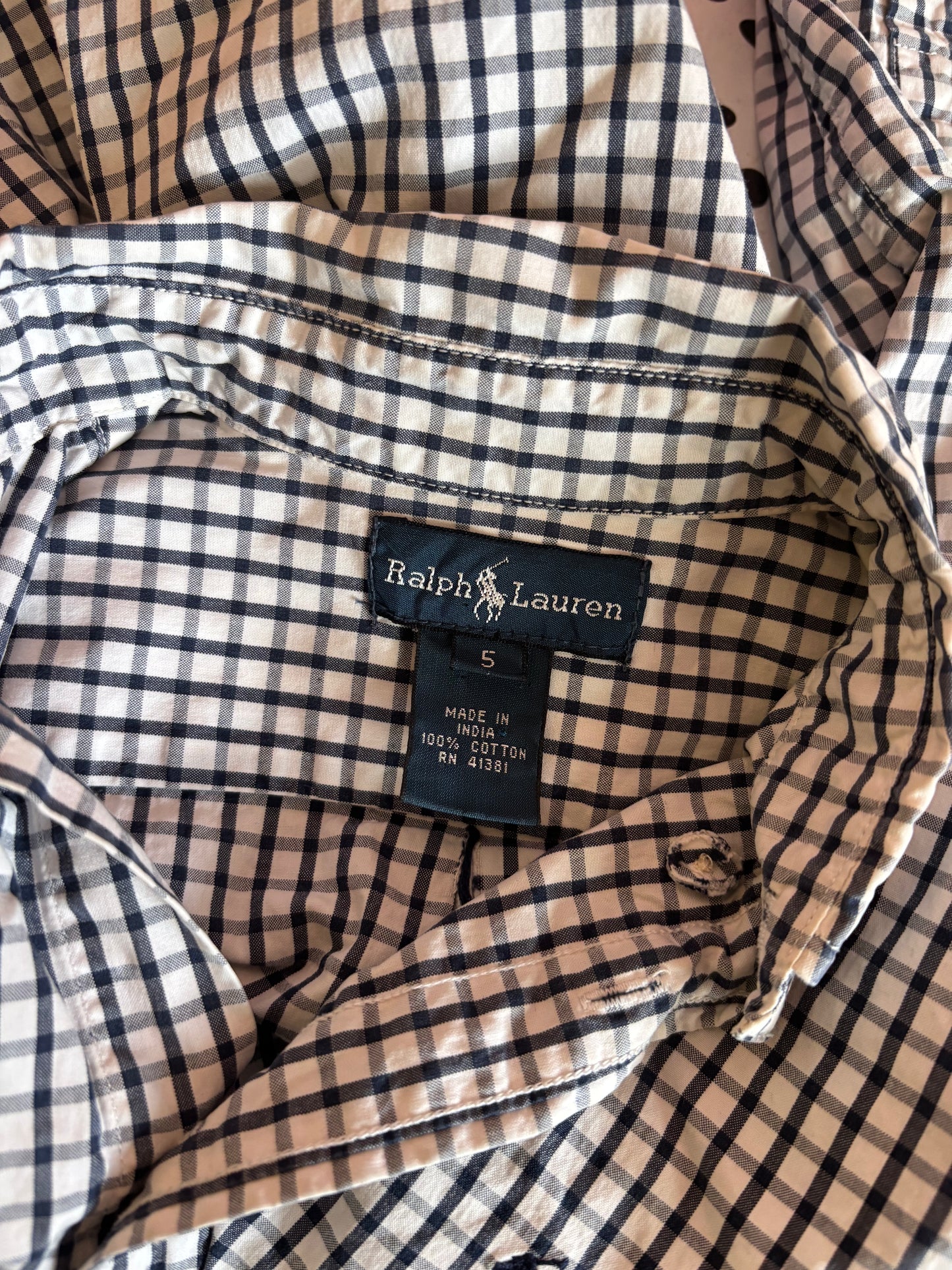 Ralph Lauren blue & white checkered long sleeve button down. Size 5T.