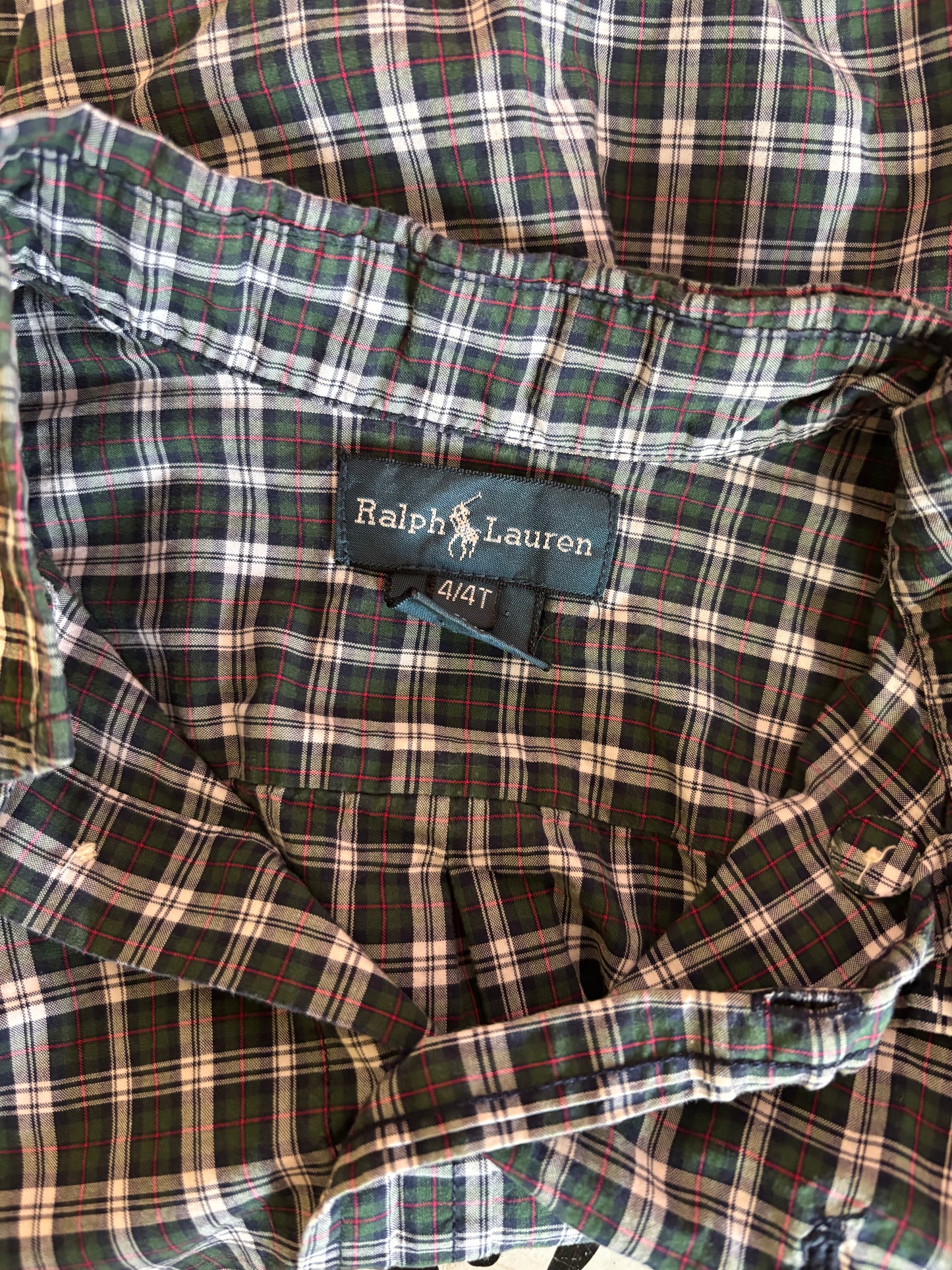 Ralph Lauren blue, green, white, red plaid long sleeve button down. Size 4T