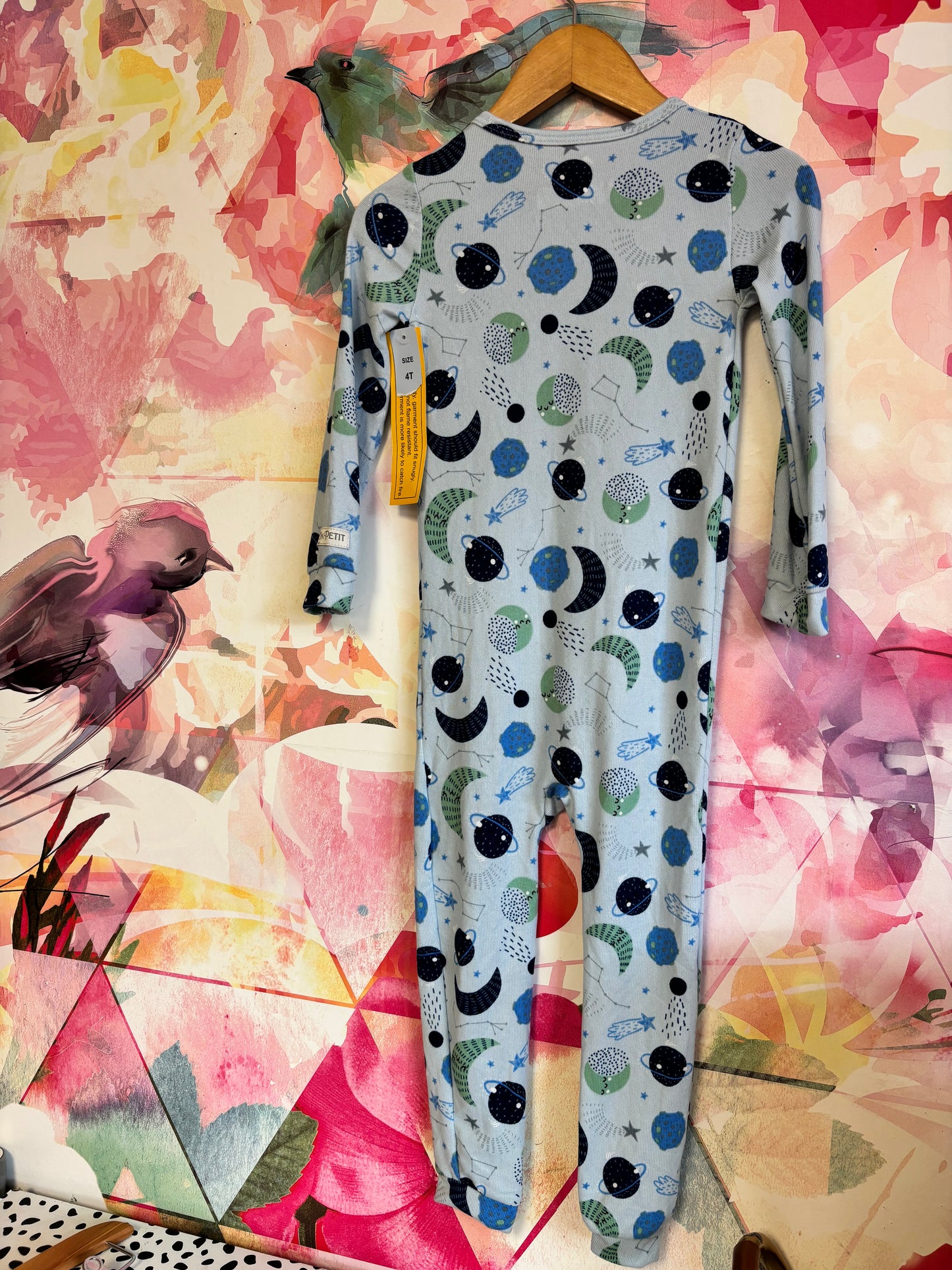 Mon Petit blue long sleeve zip up romper sleeper with planets. NEW WITH TAG. Size 4T