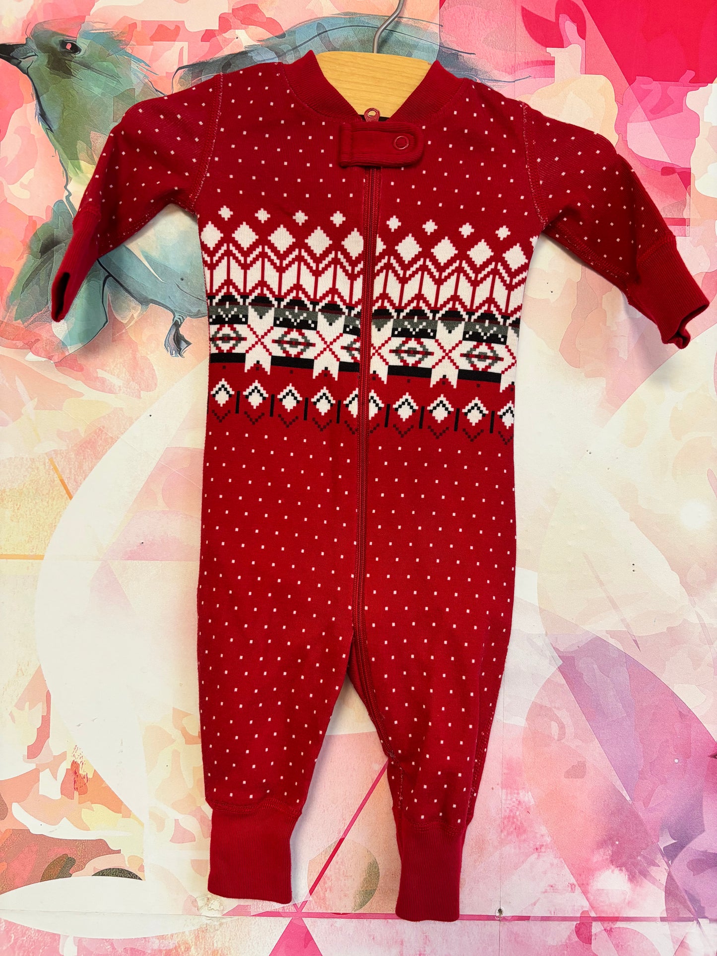 Hanna Andersson red long sleeve romper with black, grey, white snowflake winter design. Size 0-3m NB