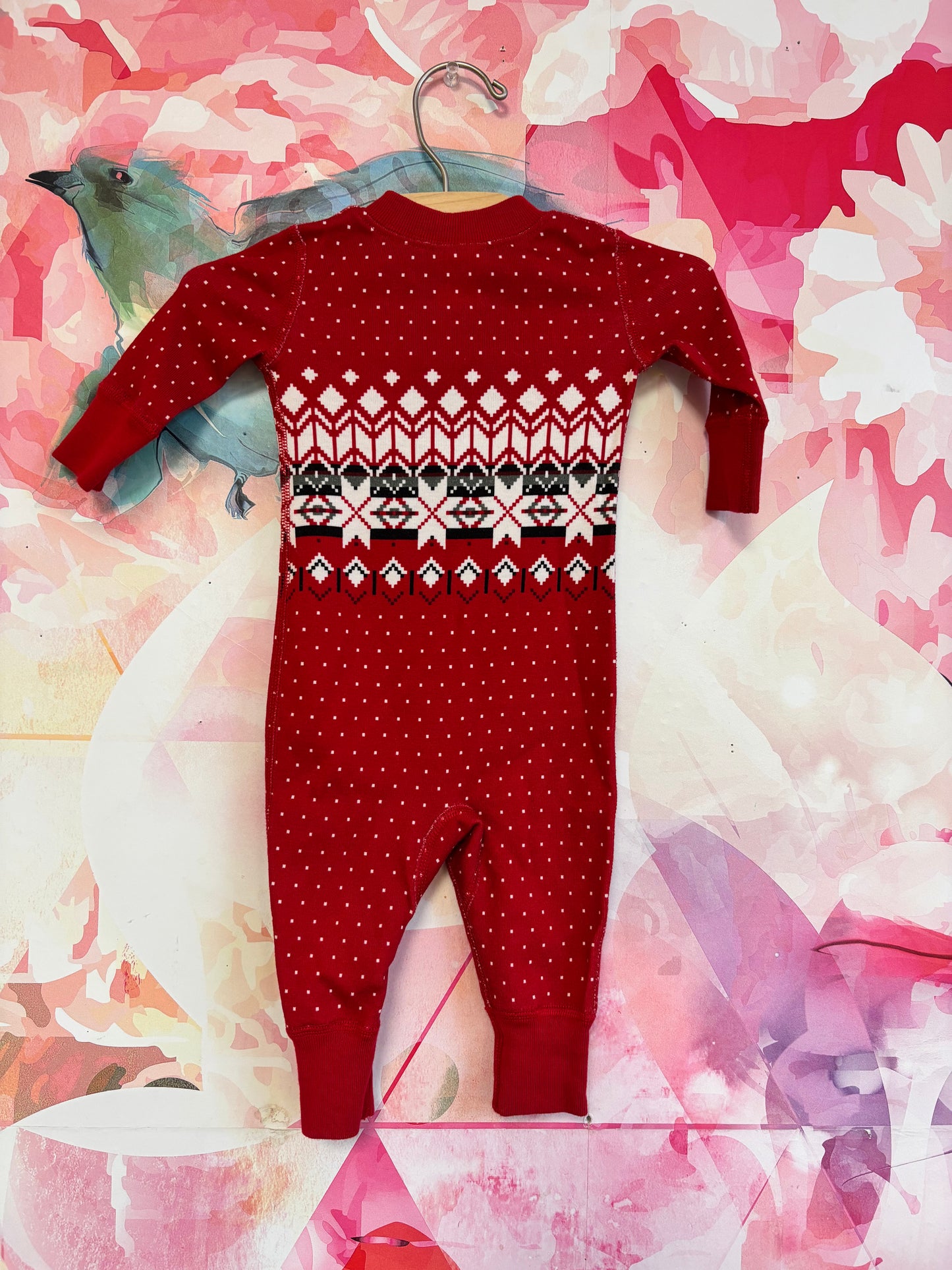 Hanna Andersson red long sleeve romper with black, grey, white snowflake winter design. Size 0-3m NB