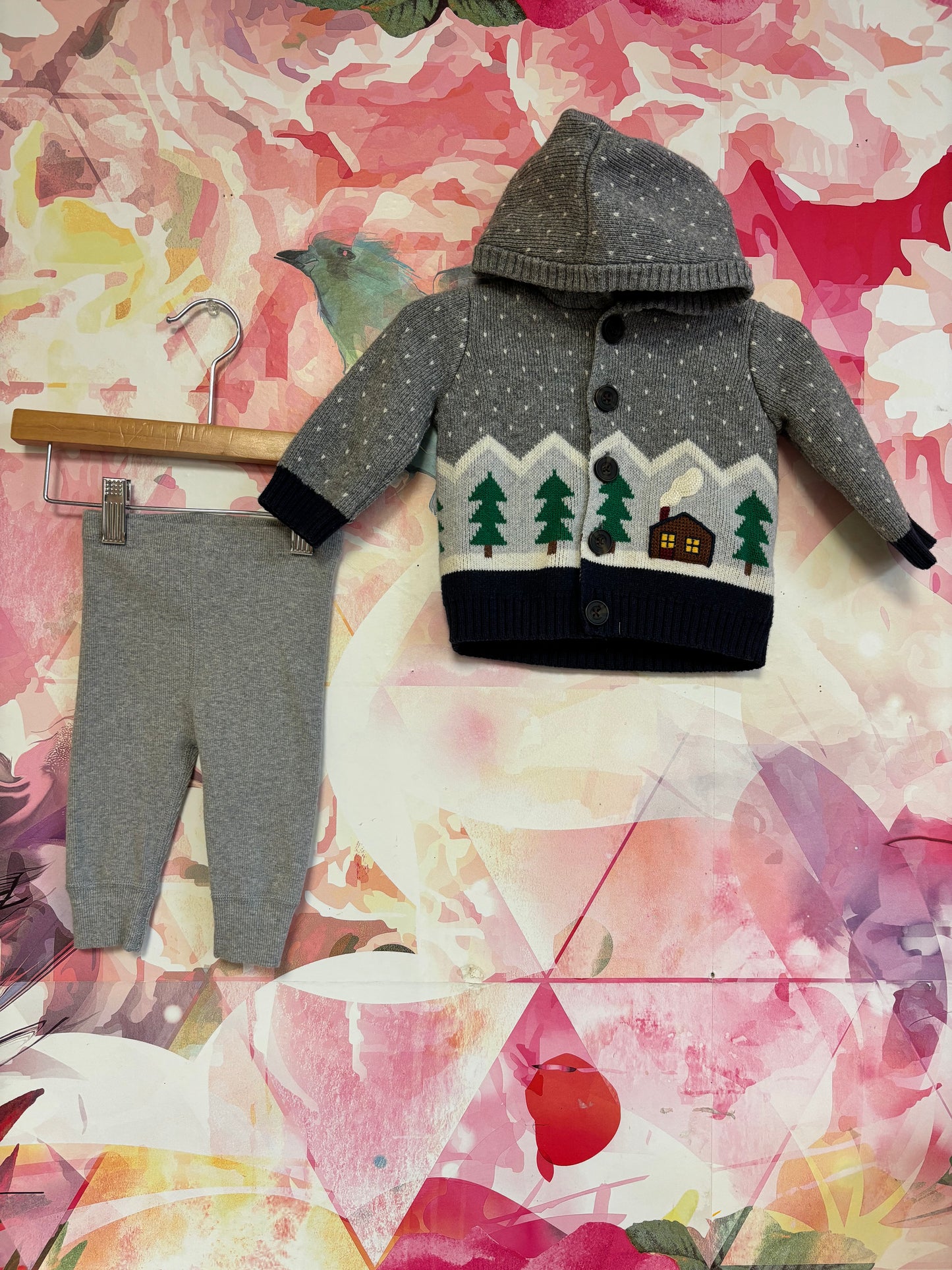 Hanna Andersson grey knit cardigan with hood and winter tree scene & Grey joggers. Both size 3-6m