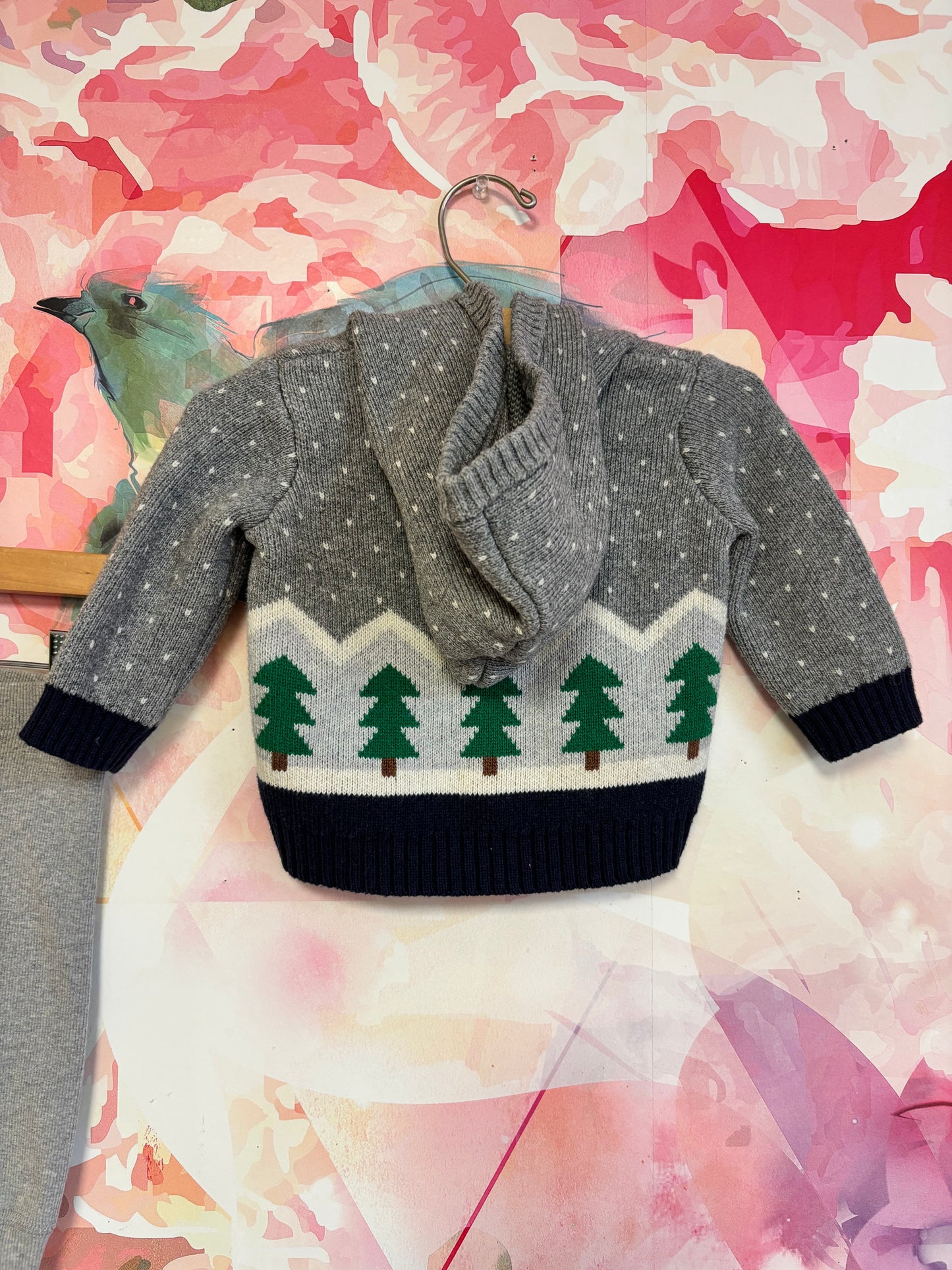 Hanna Andersson grey knit cardigan with hood and winter tree scene & Grey joggers. Both size 3-6m