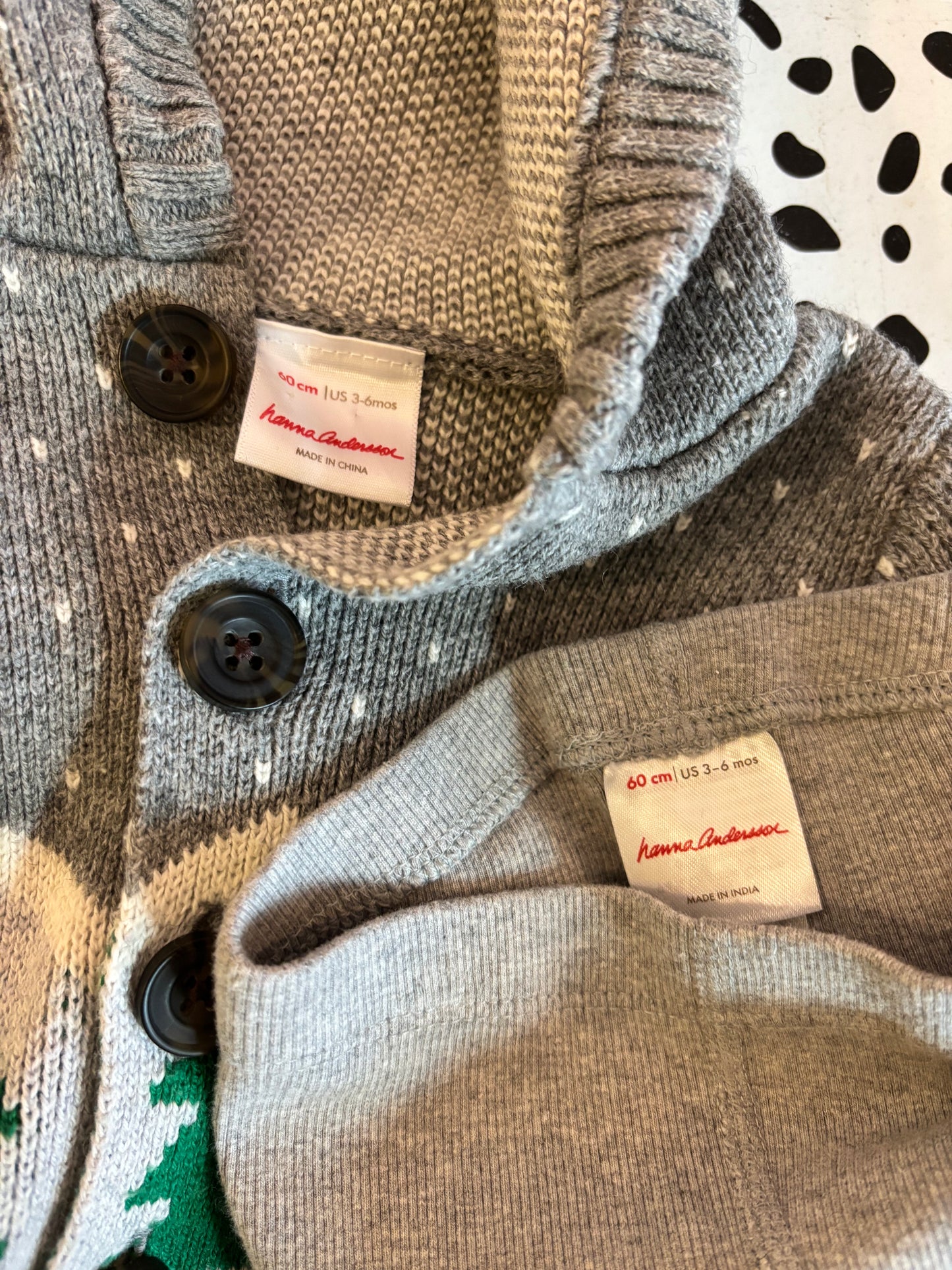 Hanna Andersson grey knit cardigan with hood and winter tree scene & Grey joggers. Both size 3-6m