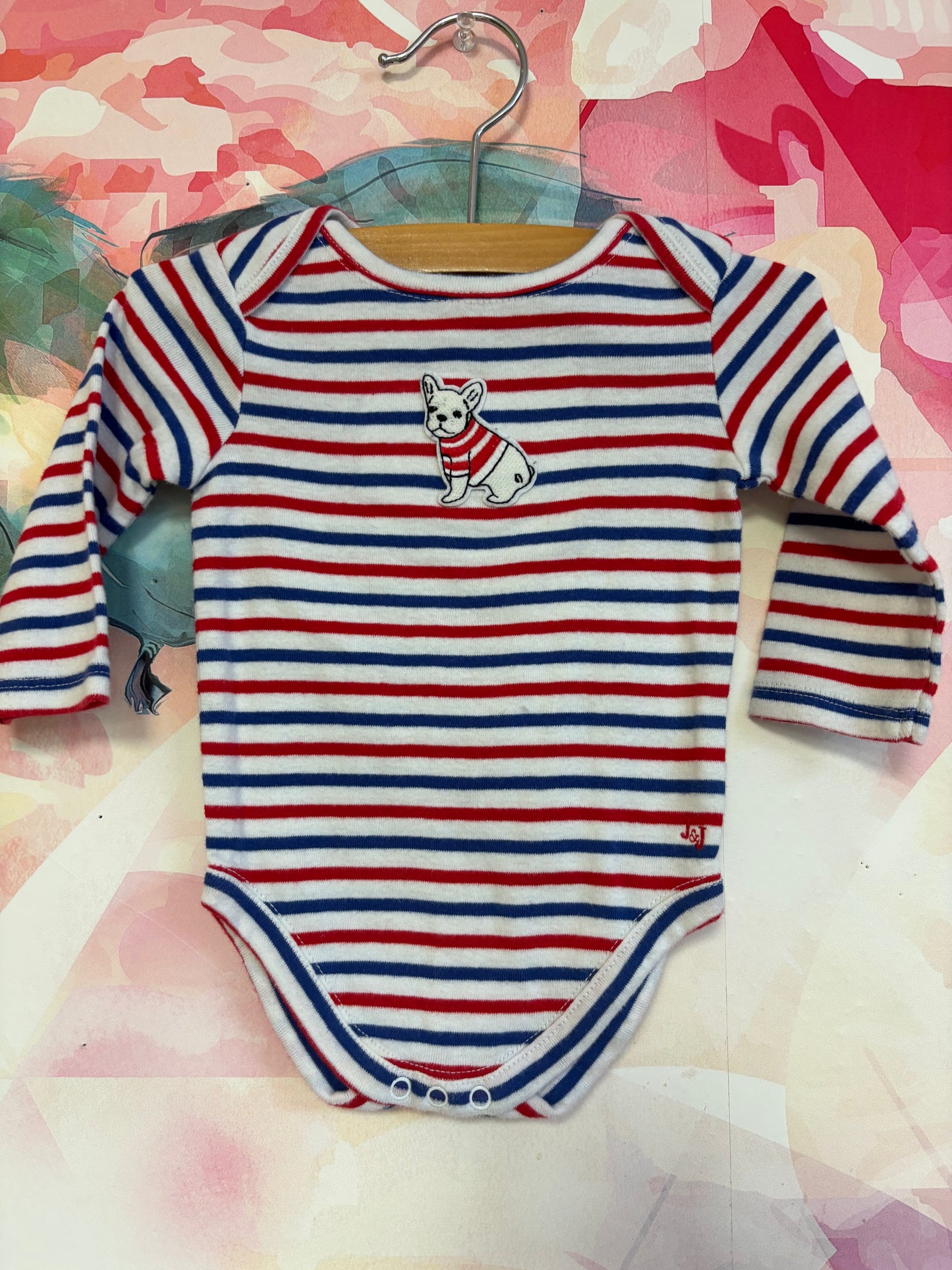 Janie & Jack red, white & blue stripe long sleeve onesie with dog in stripe shirt. Size 0-3m NB