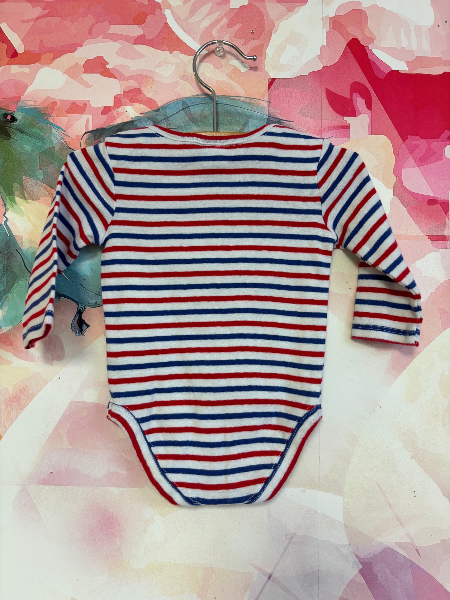Janie & Jack red, white & blue stripe long sleeve onesie with dog in stripe shirt. Size 0-3m NB