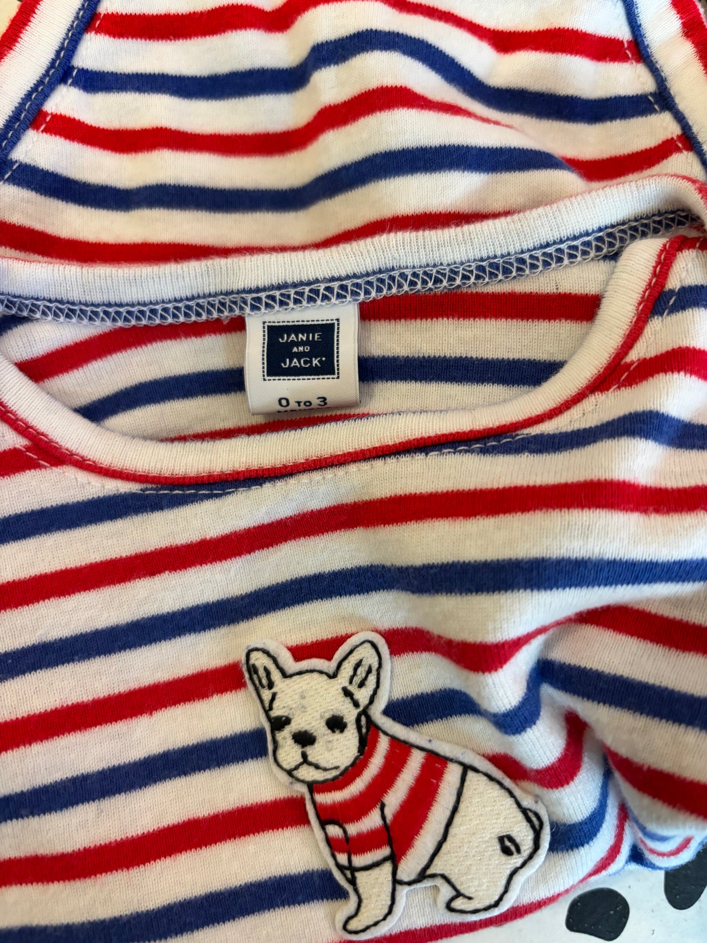 Janie & Jack red, white & blue stripe long sleeve onesie with dog in stripe shirt. Size 0-3m NB
