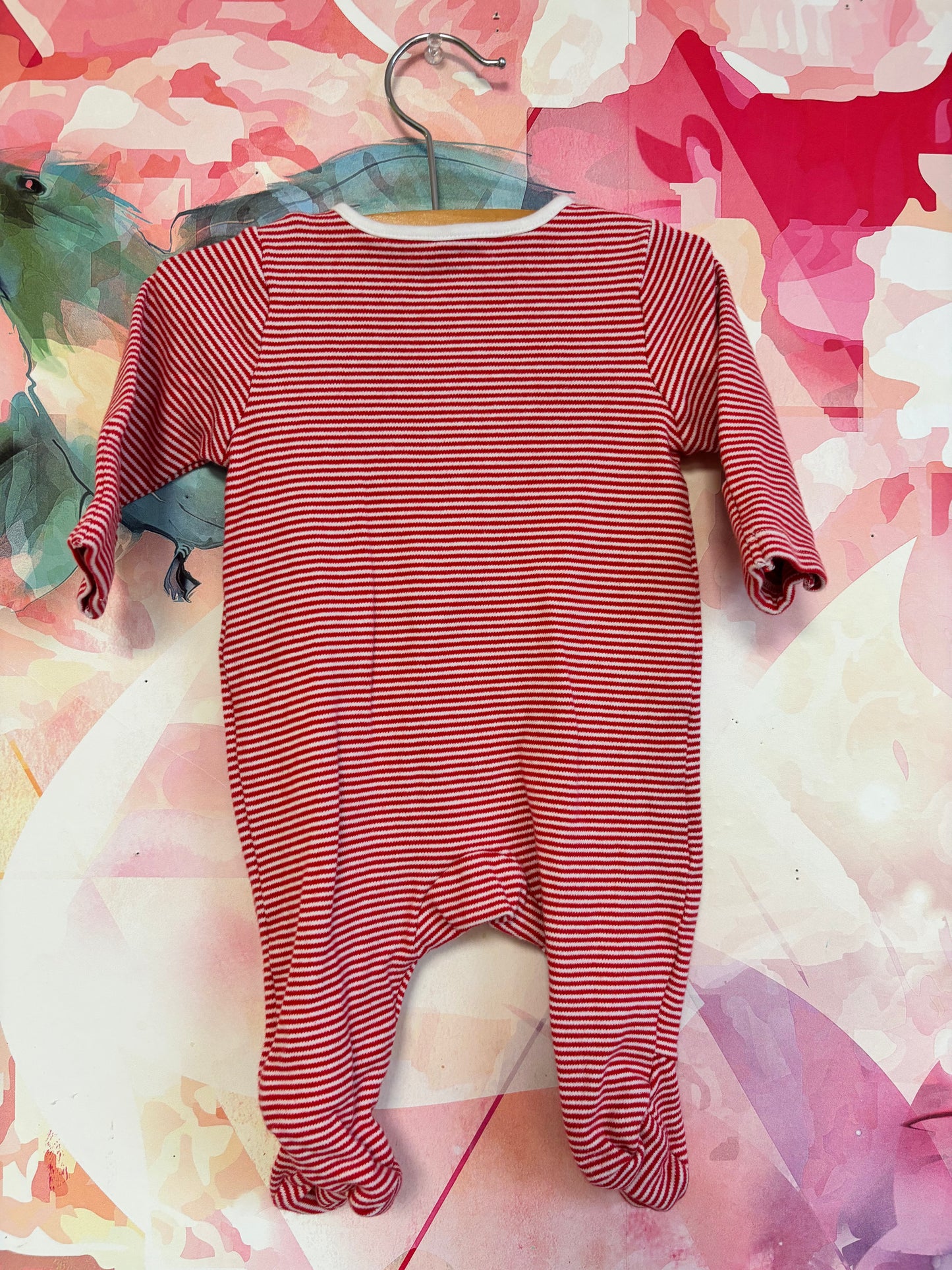 M&S red and white stripe romper with fold over hands and zipper. Size 0-3m NB
