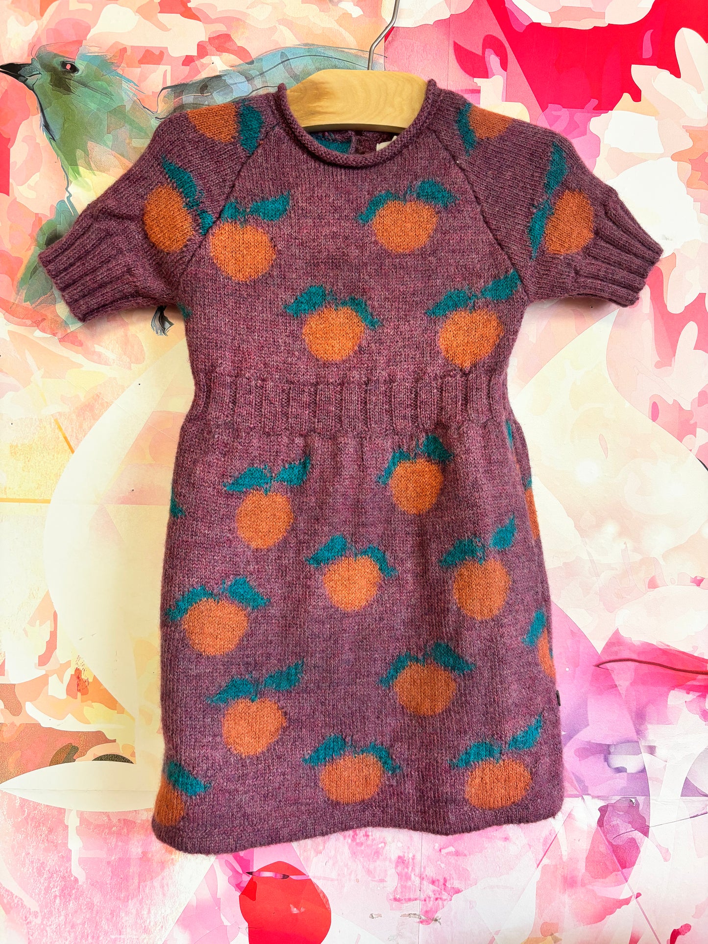 oeuf purple short sleeve dress with oranges. 100% baby alpaca. Size 4T