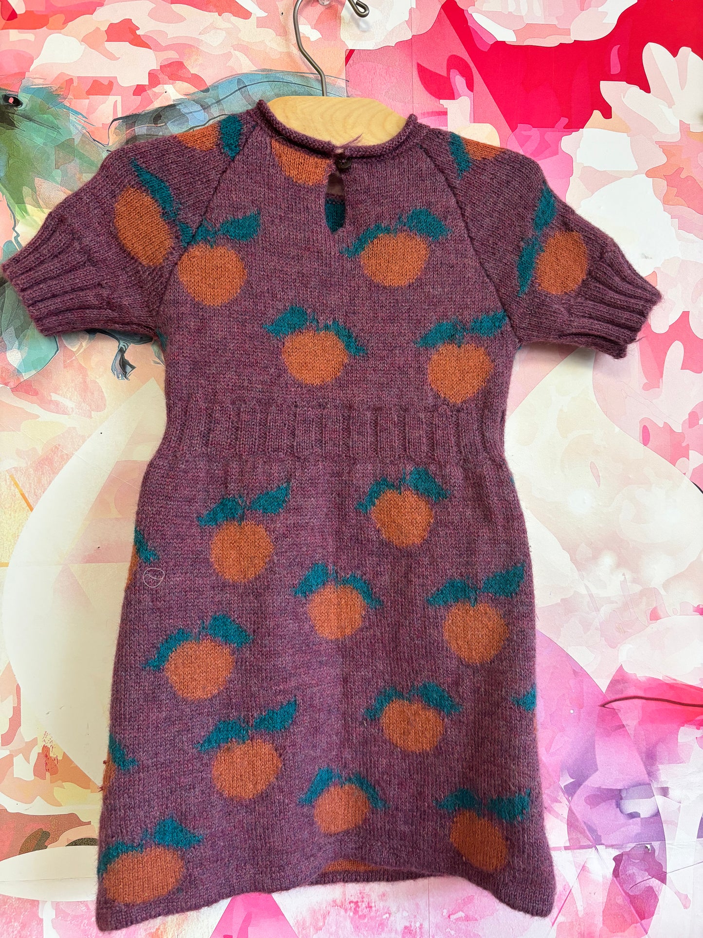 oeuf purple short sleeve dress with oranges. 100% baby alpaca. Size 4T