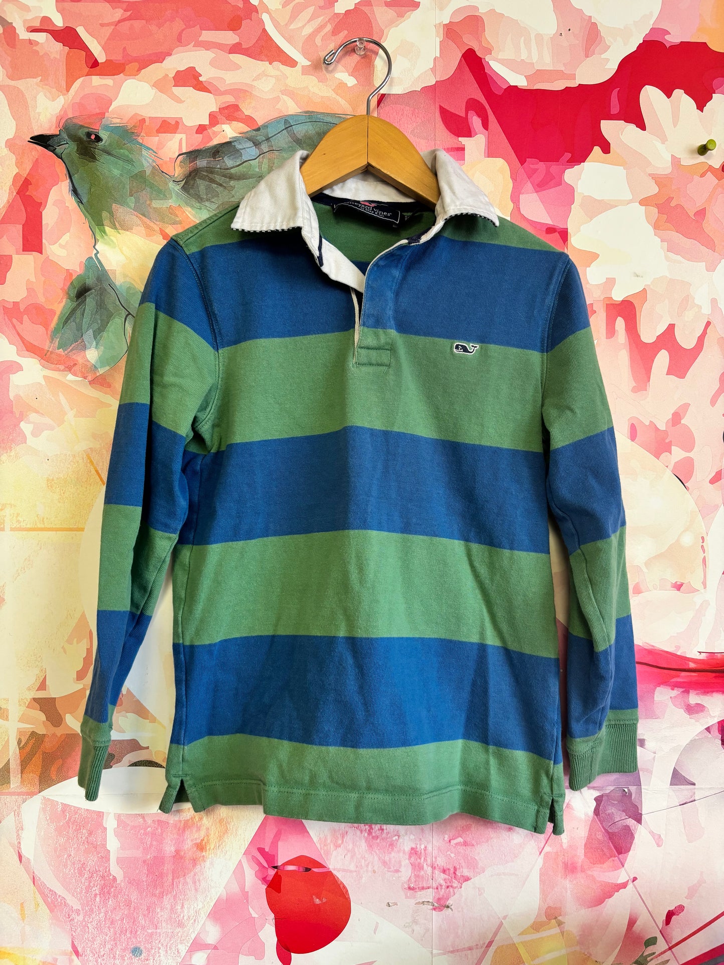 Vineyard Vines blue and green stripe long sleeve shirt with white collar. Size 7