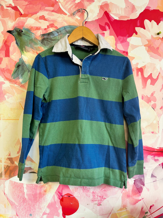 Vineyard Vines blue and green stripe long sleeve shirt with white collar. Size 7T.