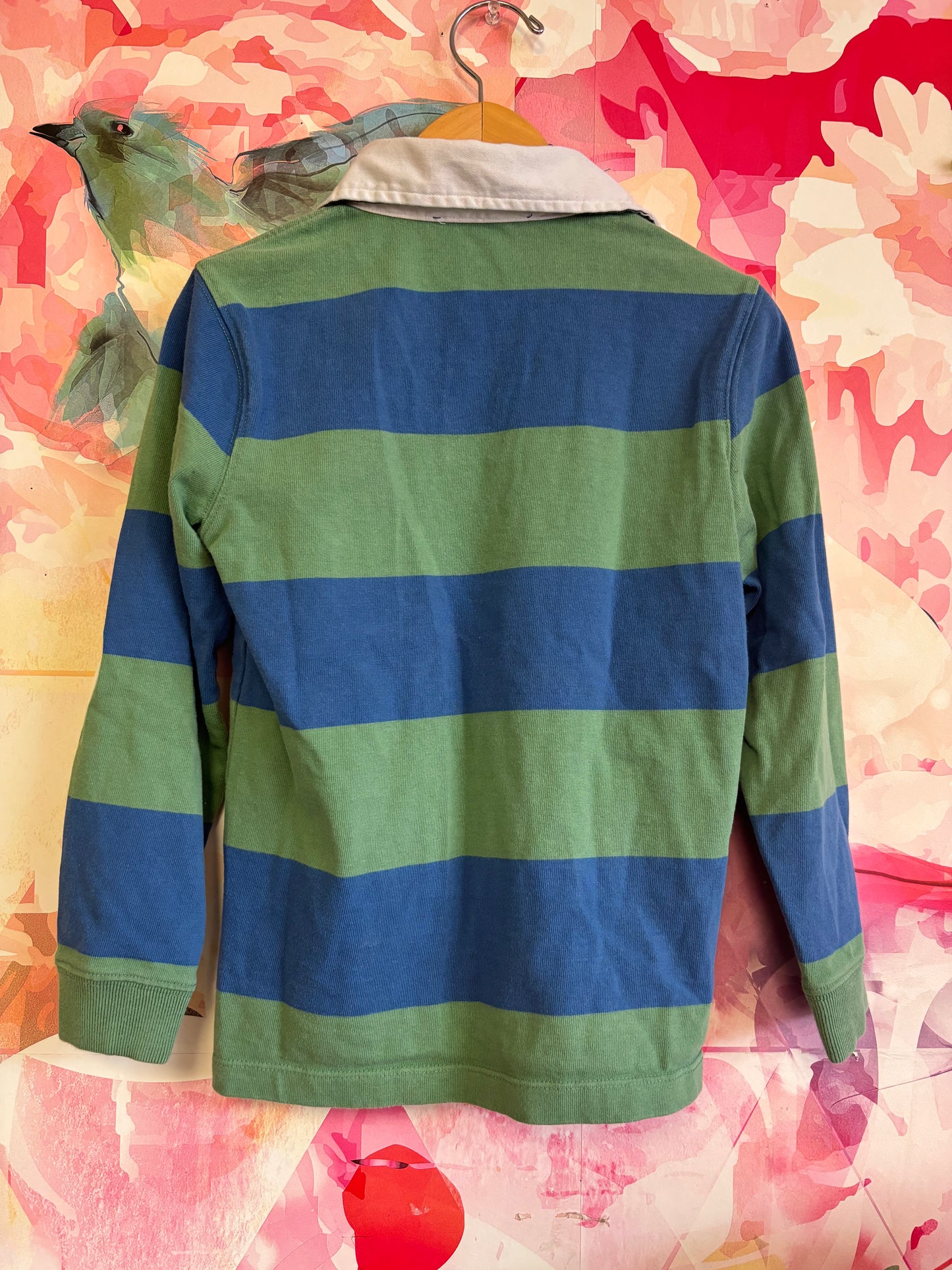 Vineyard Vines blue and green stripe long sleeve shirt with white collar. Size 7