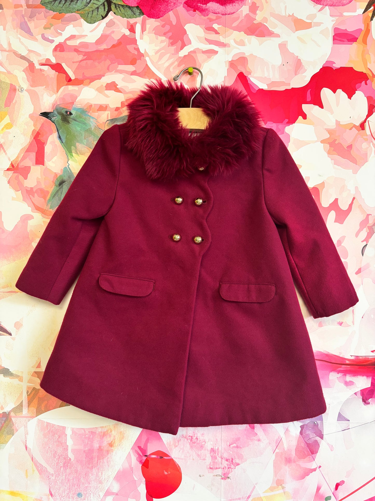 Janie & Jack burgundy coat with faux fur collar and gold buttons. Size 2T