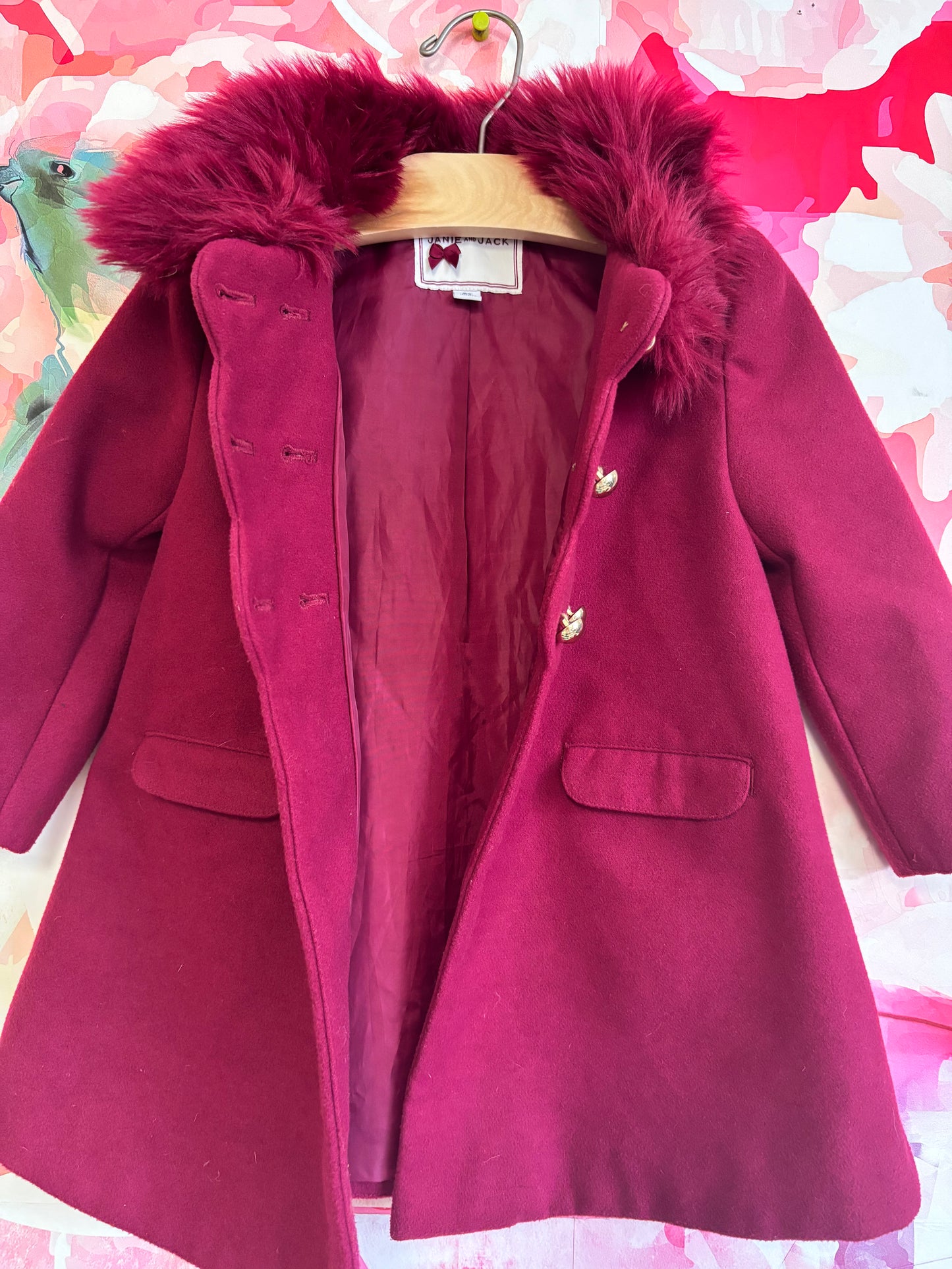 Janie & Jack burgundy coat with faux fur collar and gold buttons. Size 2T