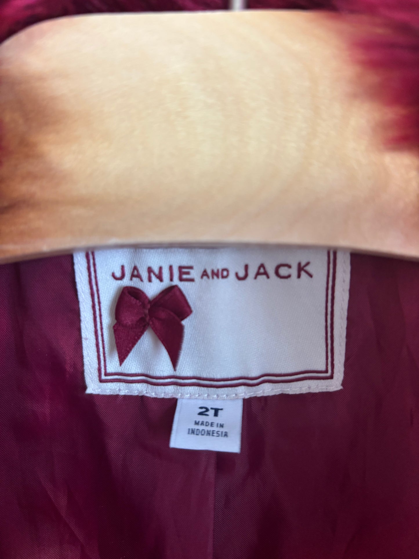 Janie & Jack burgundy coat with faux fur collar and gold buttons. Size 2T.