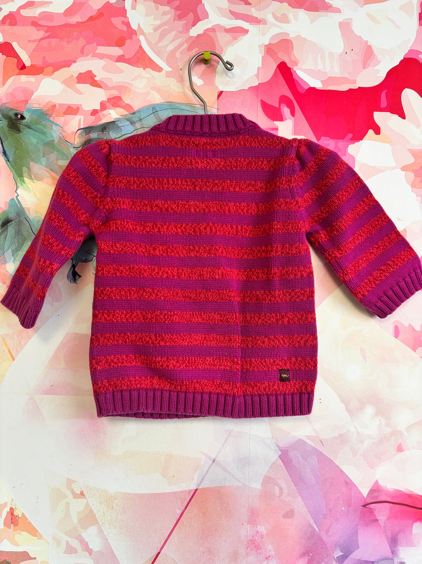 Tea Collection purple & red stripe sweater with diagonal shoulder buttons. Size 3T