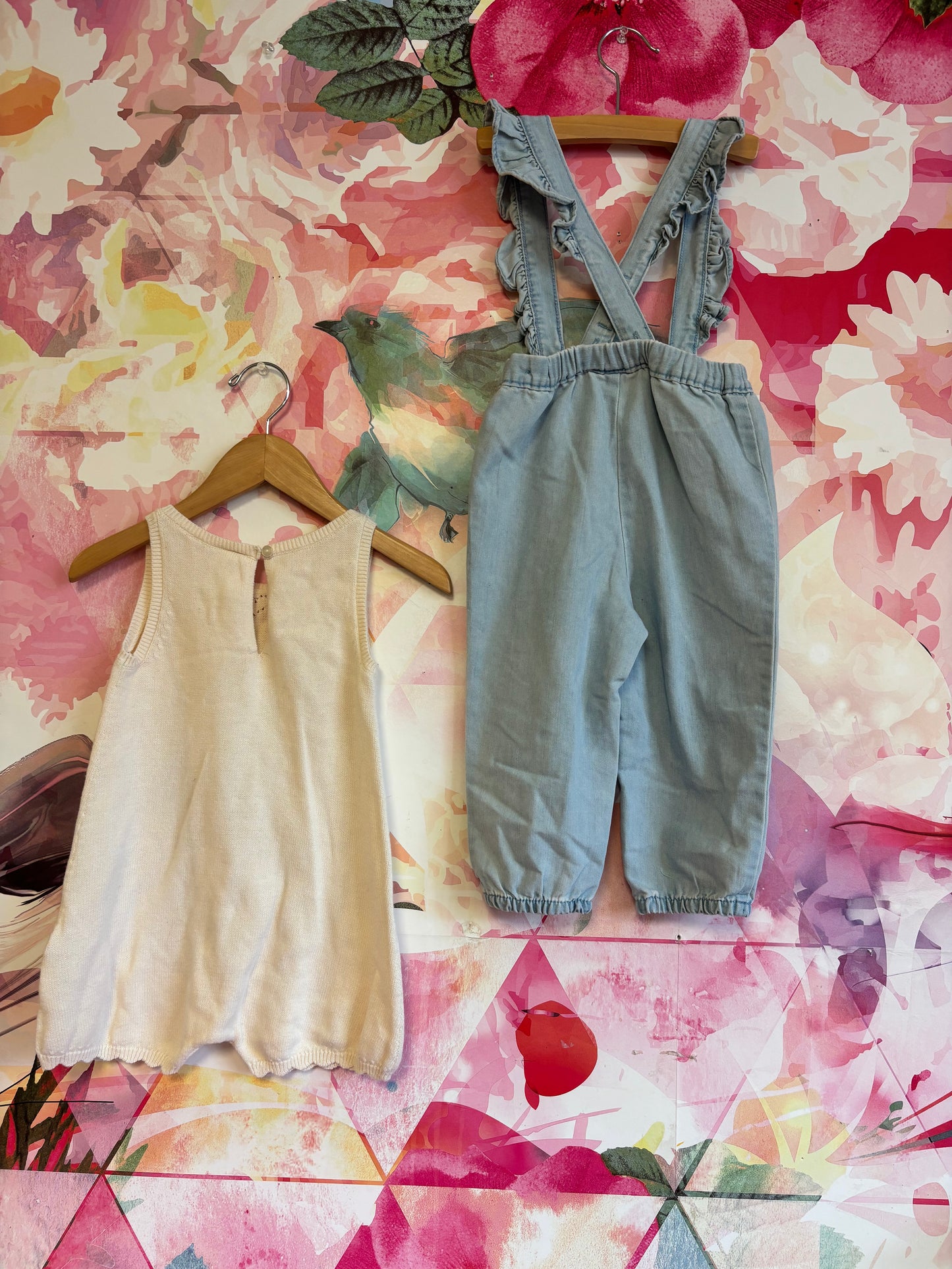 2 H&M rompers. Cream knit sleeveless with hearts and scalloped hem. Light blue denim adjustable overalls. Both size 2T