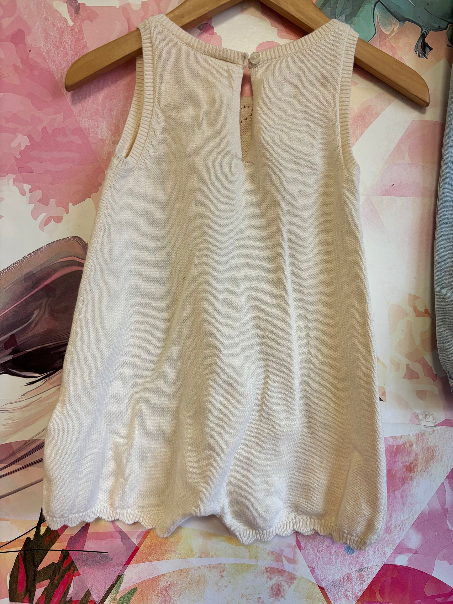 2 H&M rompers. Cream knit sleeveless with hearts and scalloped hem. Light blue denim adjustable overalls. Both size 2T
