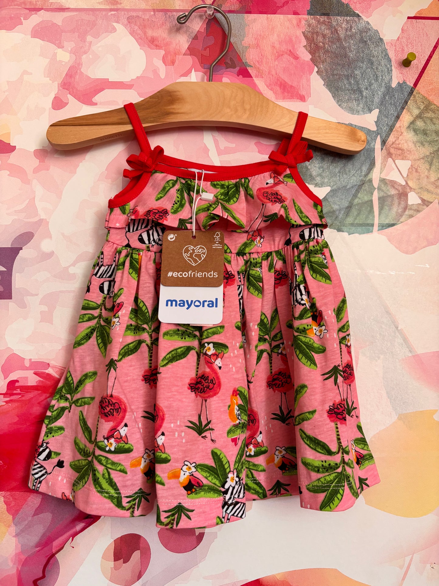 Mayoral pink dress with flamingoes, zebras & green palm trees. Size 9m. NEW WITH TAGS