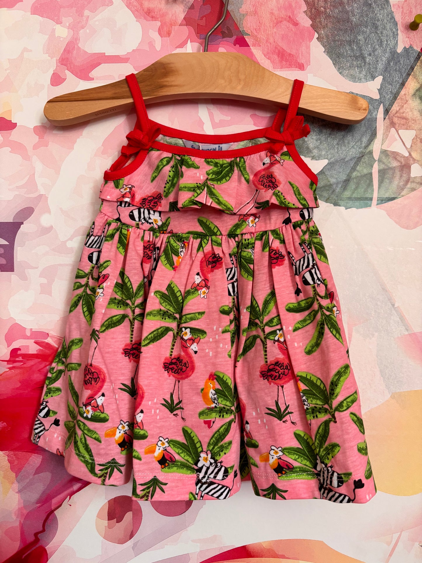 Mayoral pink dress with flamingoes, zebras & green palm trees. Size 9m. NEW WITH TAGS