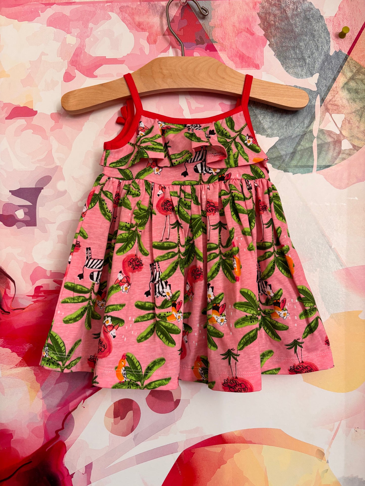 Mayoral pink dress with flamingoes, zebras & green palm trees. Size 9m. NEW WITH TAGS