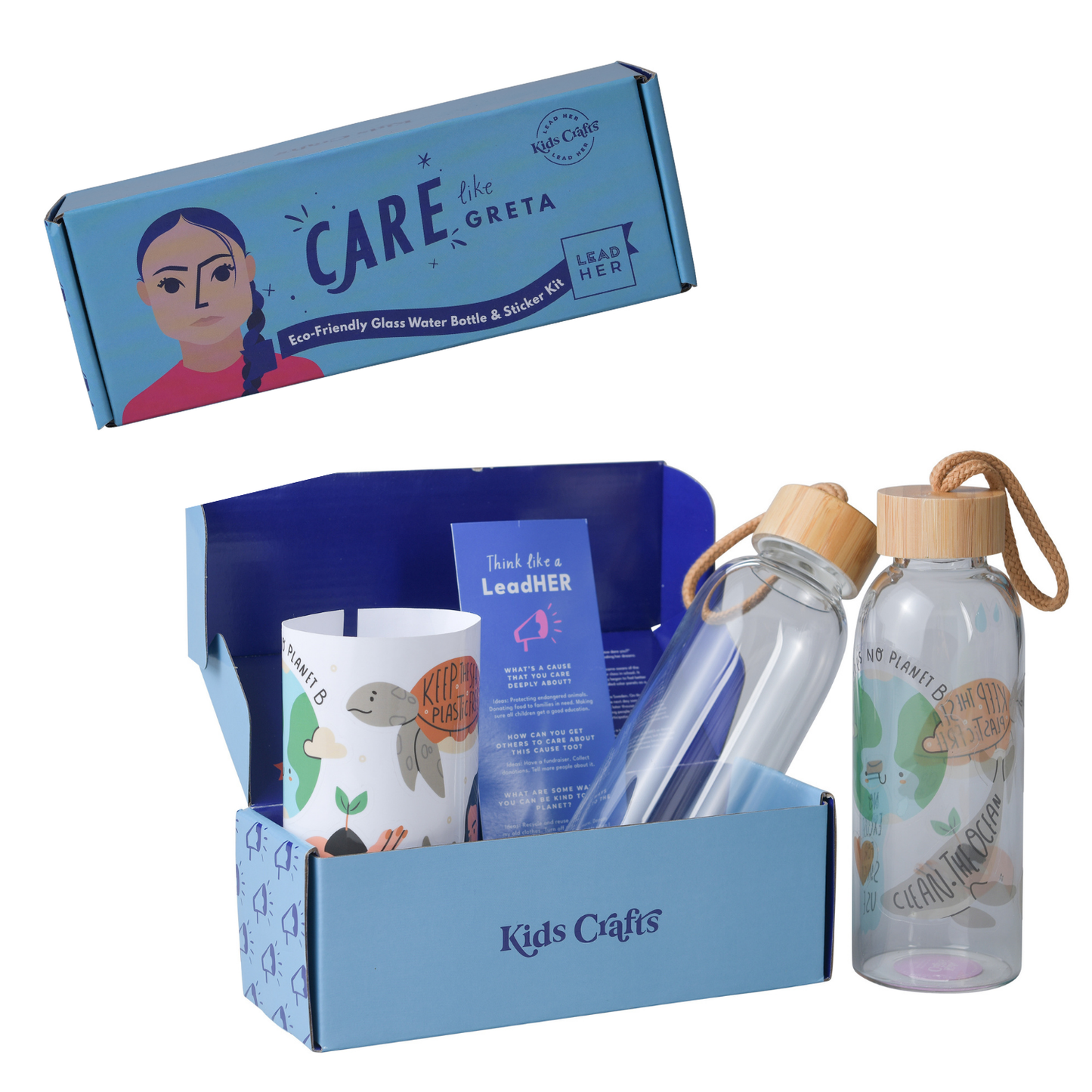 Kids Crafts, LLC. - CARE like Greta: Eco-Friendly Glass Water Bottle & Sticker BTKit