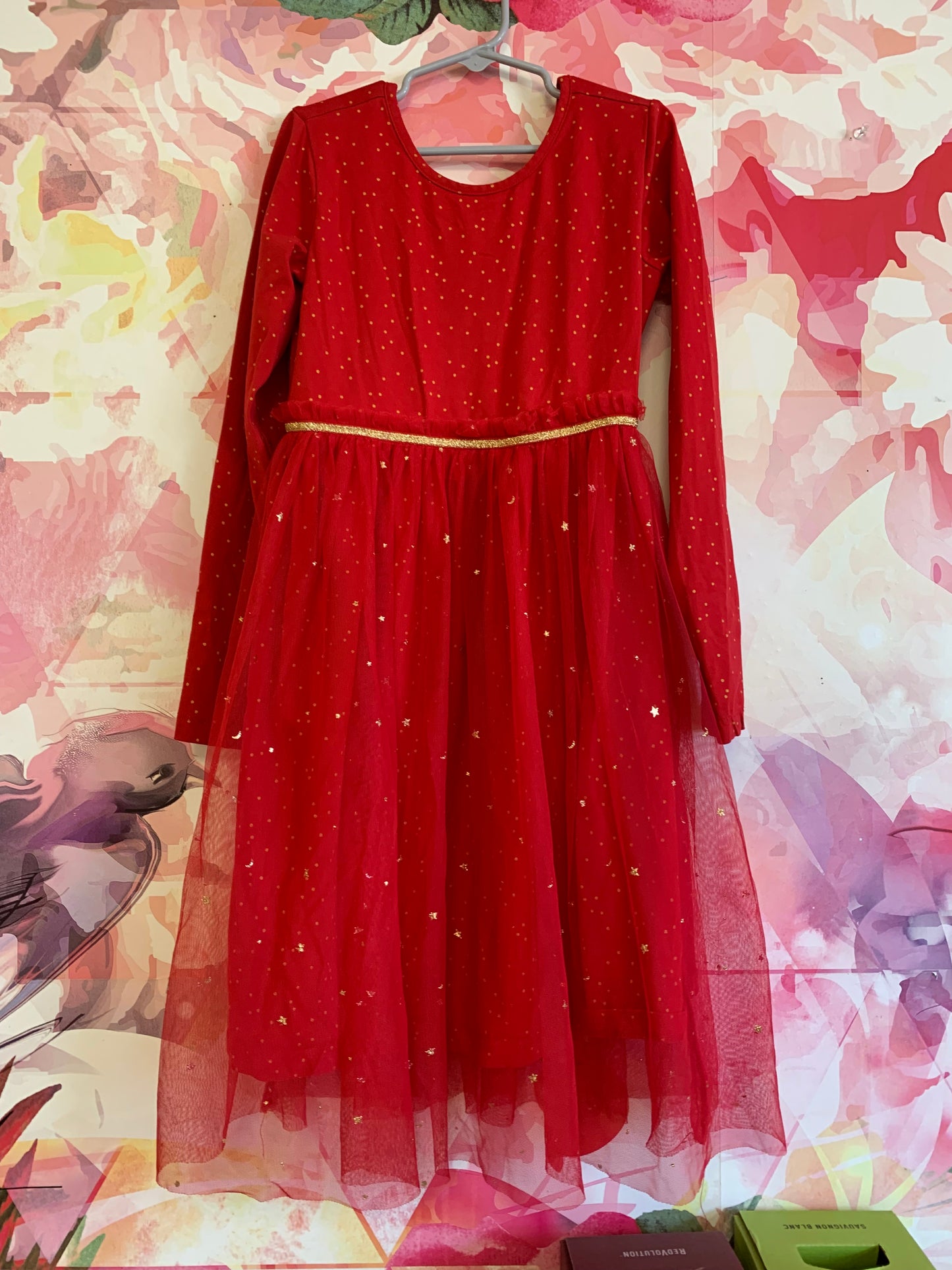 Red long sleeve dress with gold polka dots & stars on tulle skirt. Size 10/12.