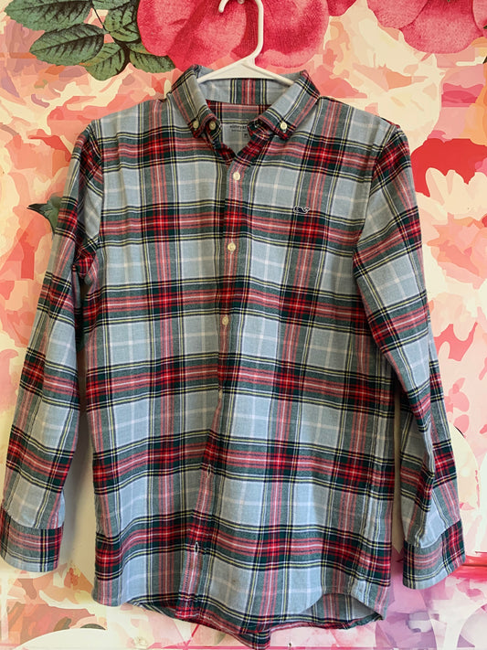 Vineyard Vines red, yellow, green plaid cotton button down shirt. Size 10/12.