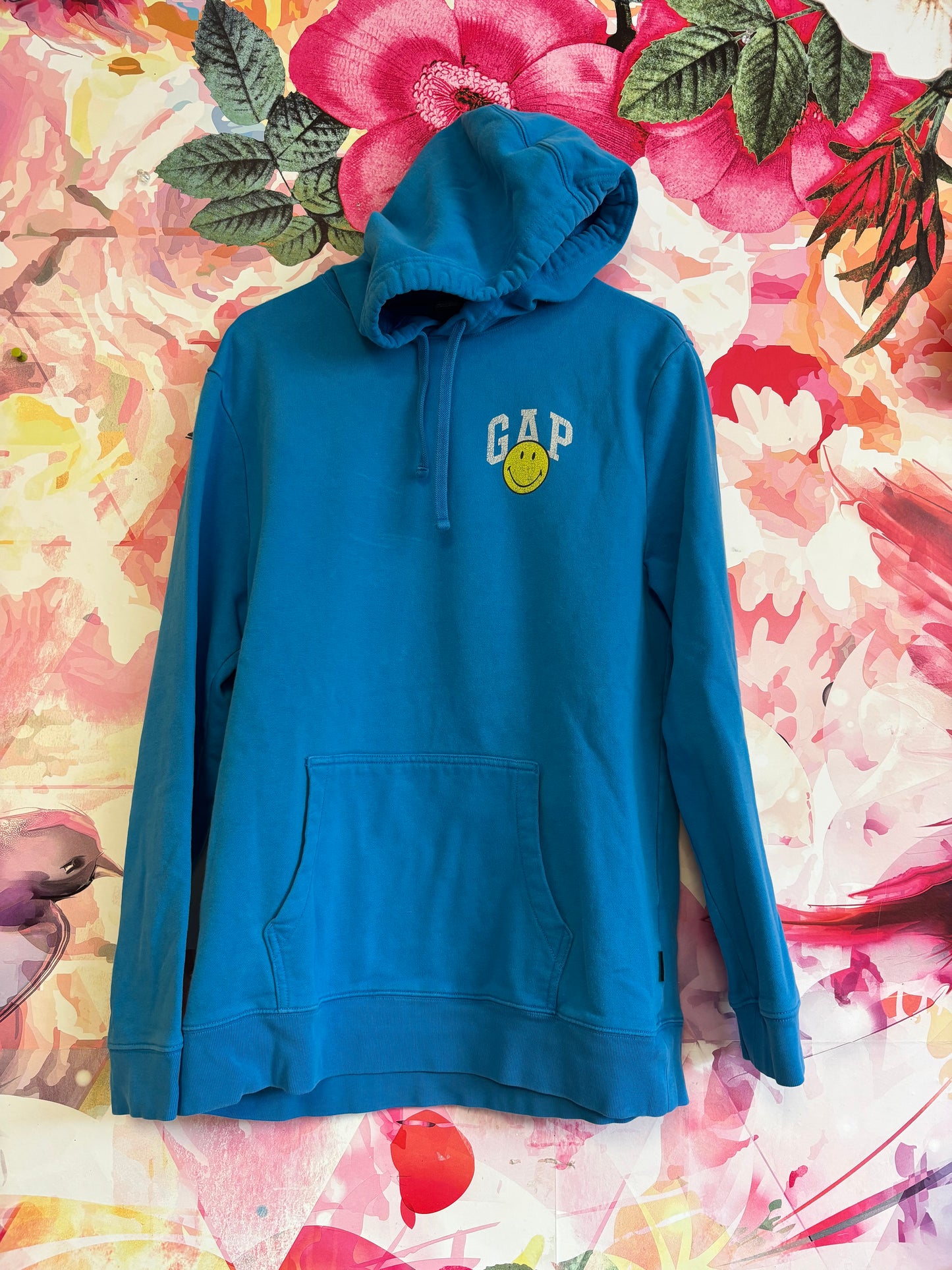 Gap blue hoodie with yellow smiley face. Size 14/16