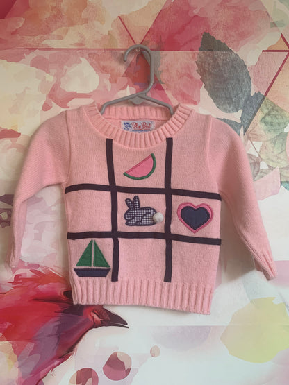 Blue Bird pink knit sweater with tic-tac-toe, sailboat, bunny, heart, watermelon. Size 6-12m