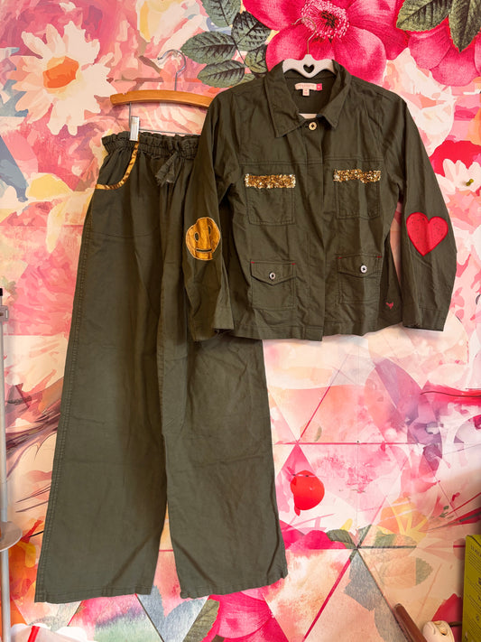 Pink Chicken army green button down and wide leg pants with gold sequins and elbow patches. Size 14