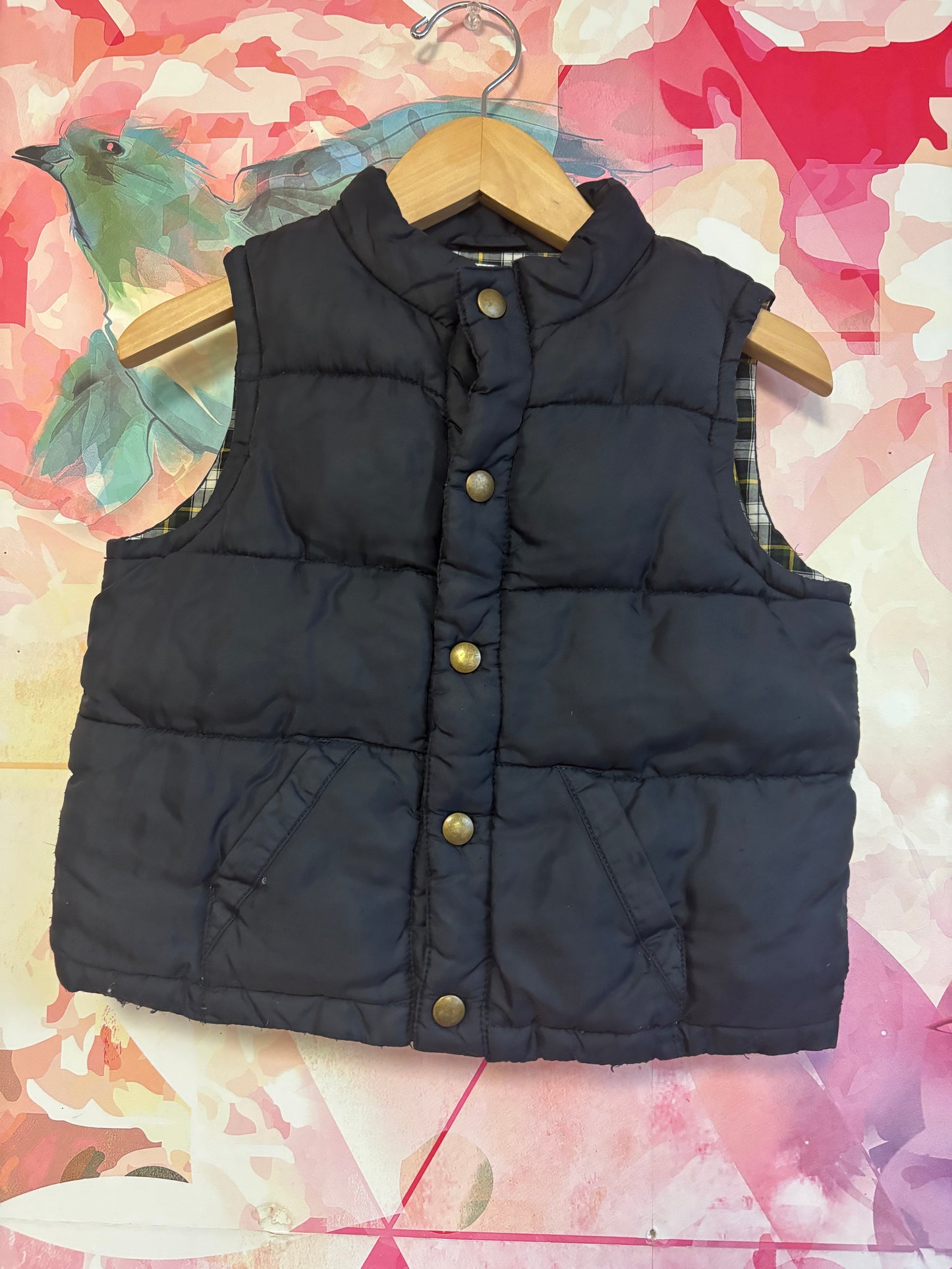 Gymboree navy blue puffy vest with snaps & plaid lining. Size 2/3