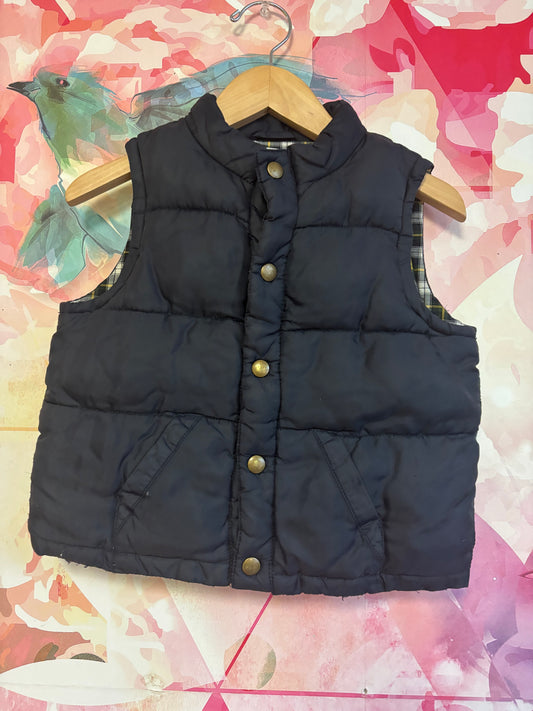 Gymboree navy blue puffy vest with snaps & plaid lining. Size 2/3