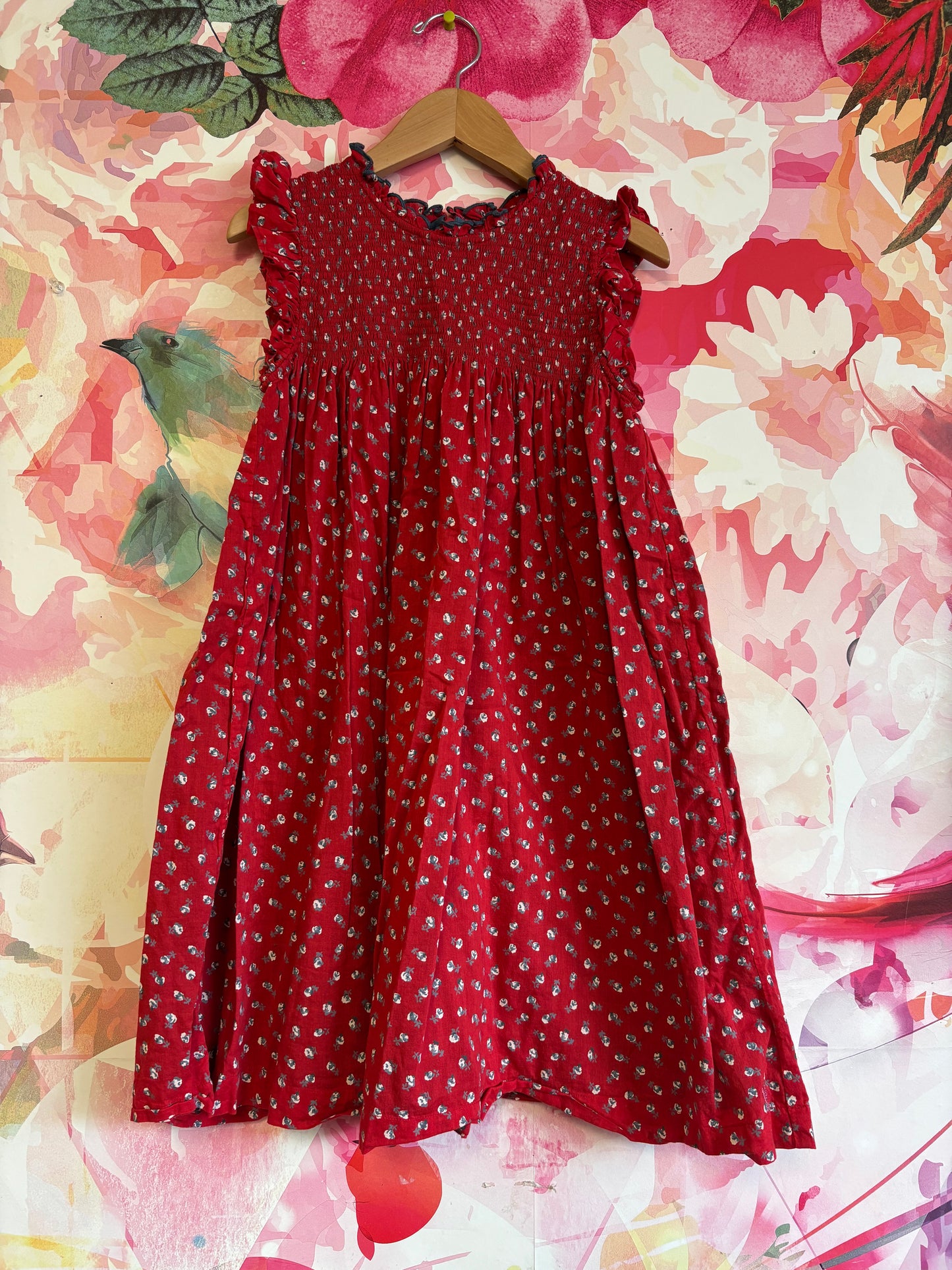 Pink Chicken red flutter sleeve dress with blue/white flowers and ruching on top. Size 10