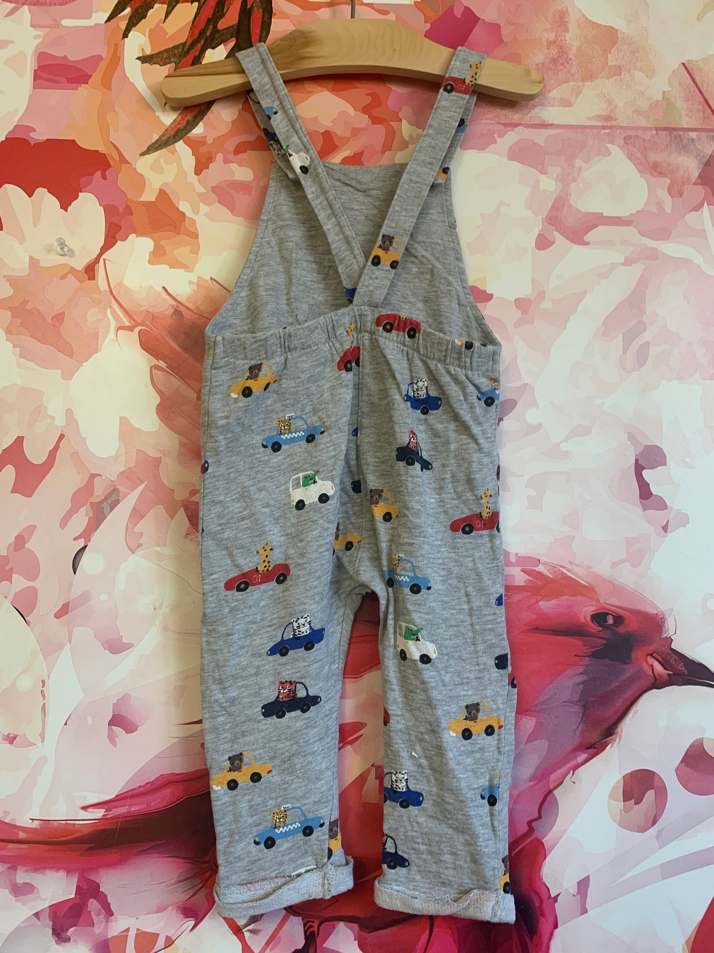 H&M grey cotton overalls with colorful animals in cars. Size 12-18m