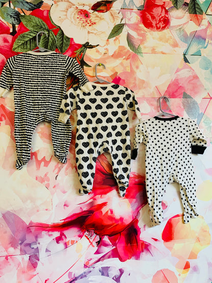 Bundle! 3 Touched by Nature black & white rompers. All size 3-6m