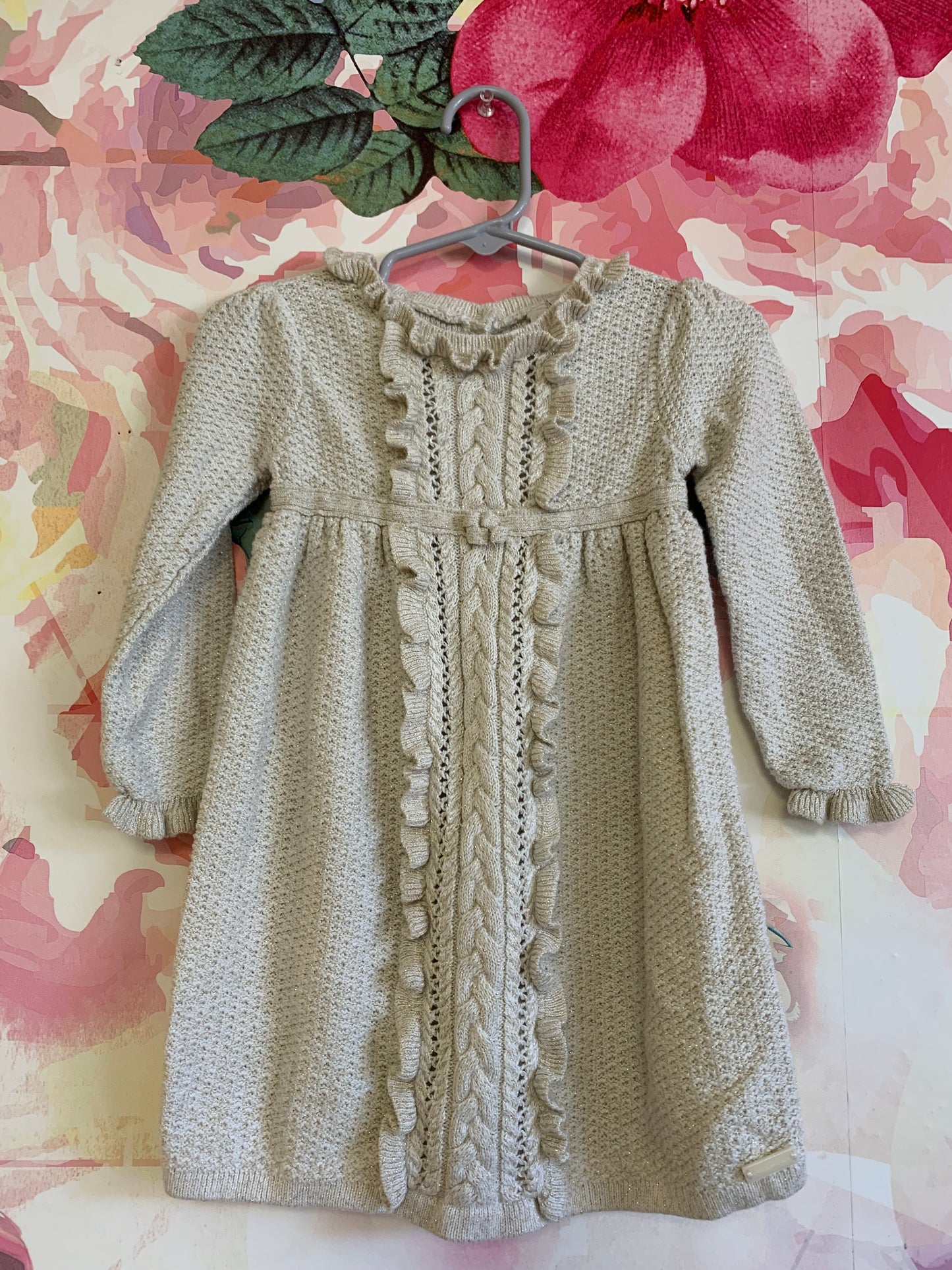 Janie & Jack cream & gold long sleeve sweater dress with ruffle details down front and on wrist/neck. Size 18-24m