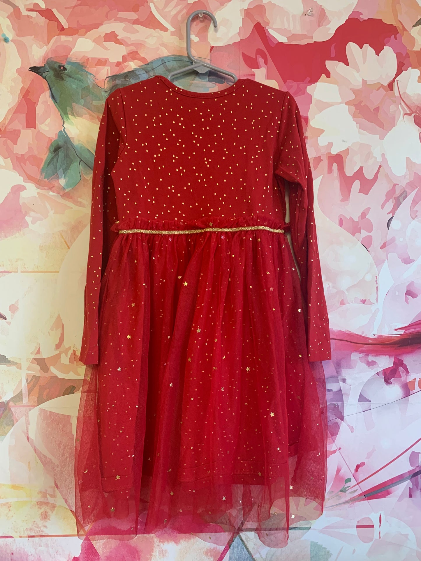 Hanna Andersson red long sleeve dress with tulle skirt & gold stars. Size 6/7