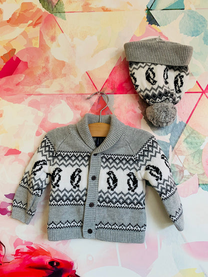 Janie & Jack grey, white, black knit shawl collar cardigan with penguins. Matching hat. Both size 3-6m