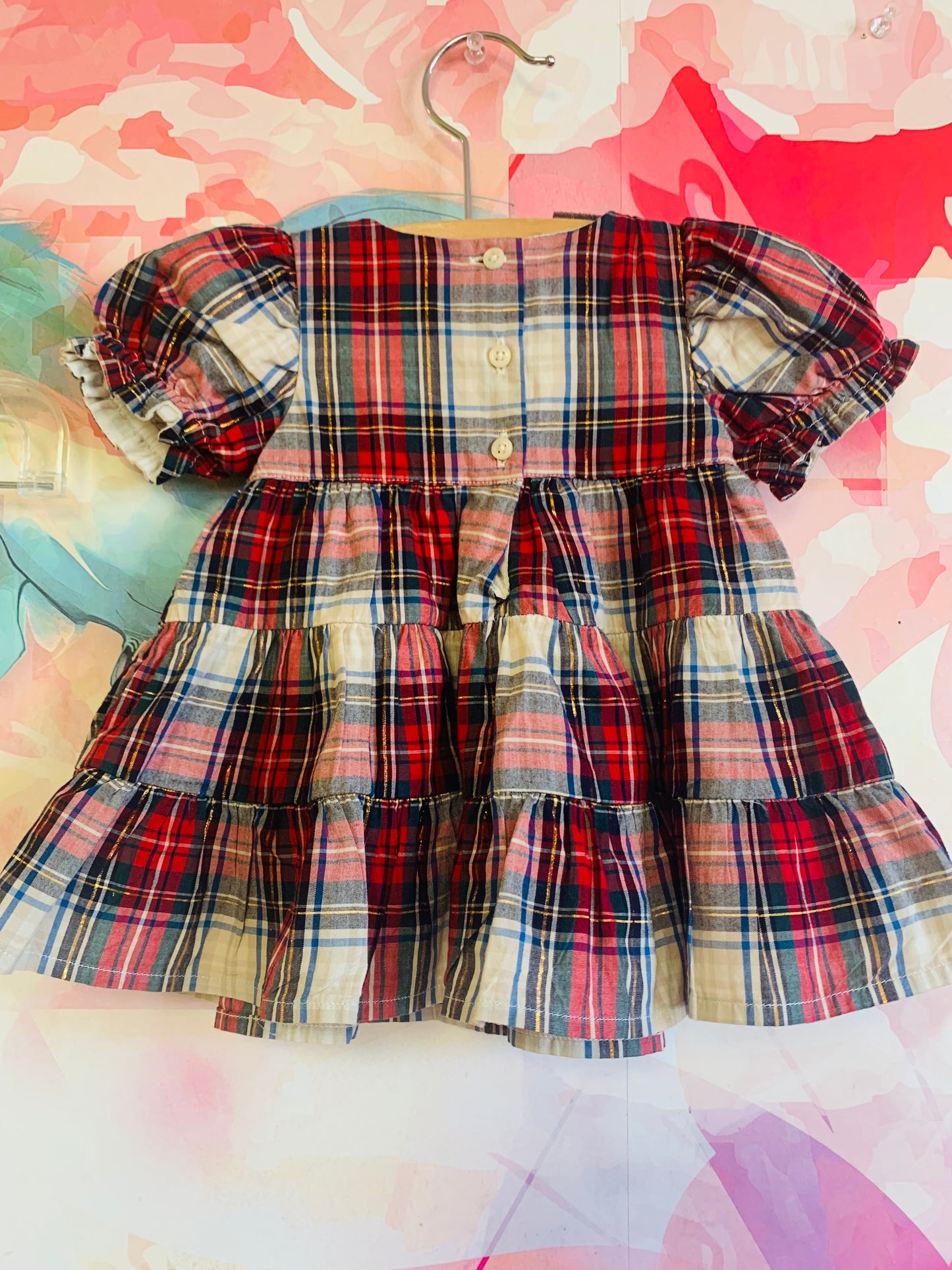 Baby Gap red, blue, cream, gold holiday plaid dress with matching headband & cream bloomers. Size 0-3m