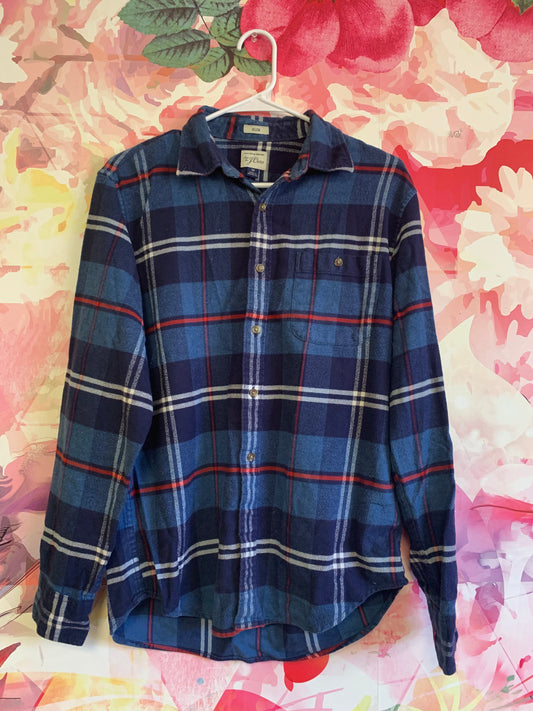 J. Crew blue red plaid long sleeve sleeve button down with brown elbow patches. Size Medium Slim fit.