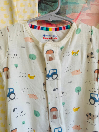 Romper bundle! 2 Magnetic Me rompers - one forest animals, stripes, dots & one farm animals and tractors. 1 Simply white romper with yellow duckies. All Size 12-18m